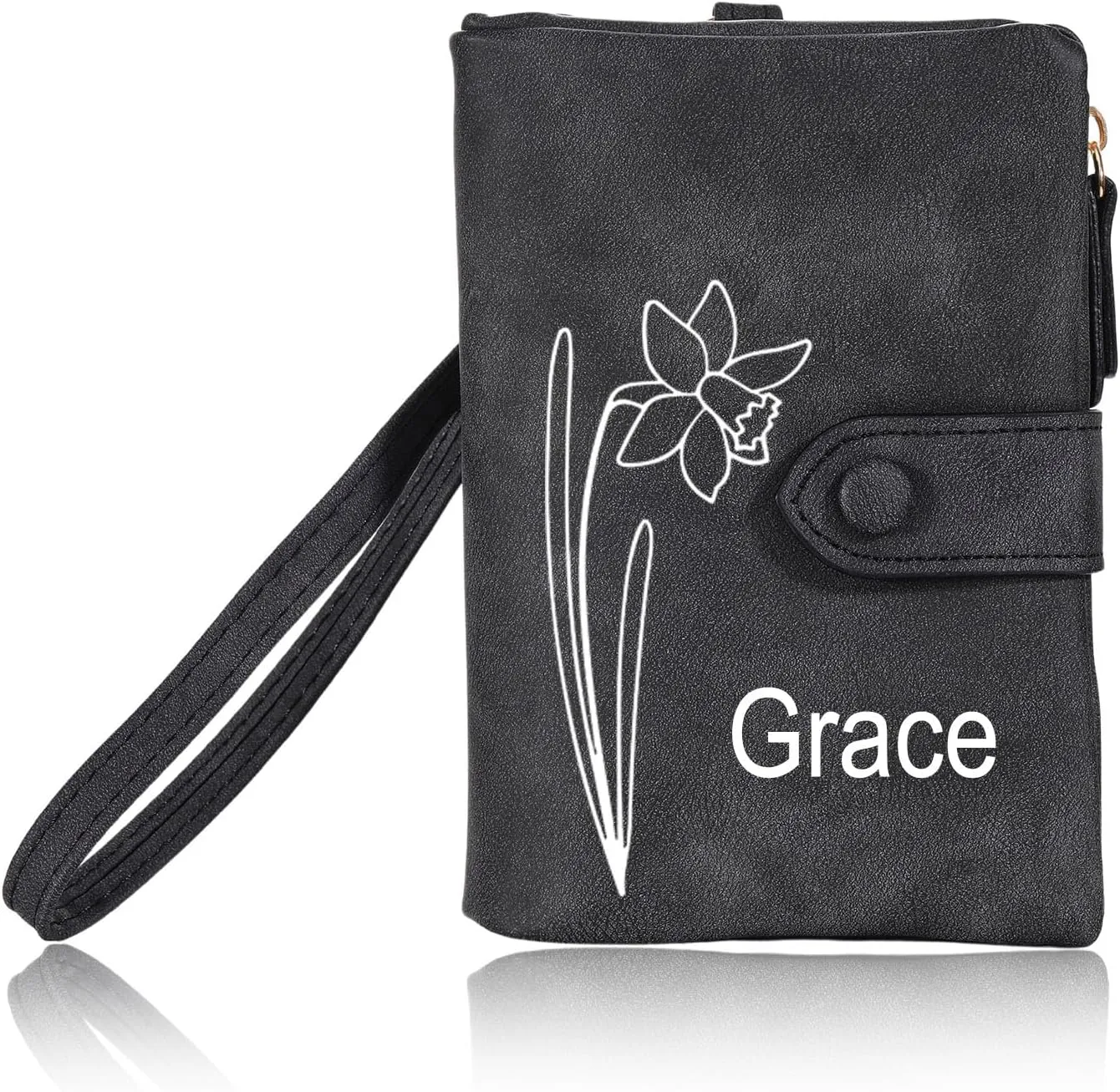 INBLUE Custom Leather Purse for Women Engraved Birth Flower with Name Ladies Wallet Small Tri-Fold Zipper Coin Purse with Wrist Strap Personalized Gift for Mom Mother's Day Birthday - Black