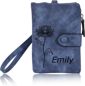 INBLUE Custom Leather Purse for Women Engraved Birth Flower with Name Ladies Wallet Small Tri-Fold Zipper Coin Purse with Wrist Strap Personalized Gift for Mom Mother's Day Birthday - Blue