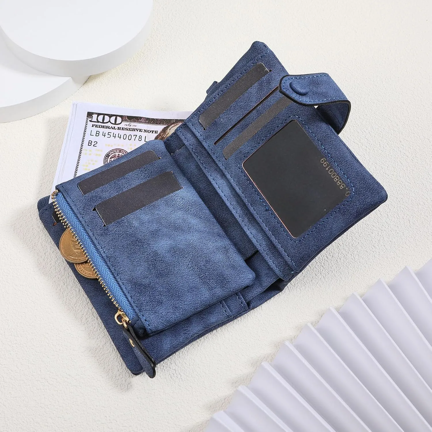 INBLUE Custom Leather Purse for Women Engraved Birth Flower with Name Ladies Wallet Small Tri-Fold Zipper Coin Purse with Wrist Strap Personalized Gift for Mom Mother's Day Birthday - Blue