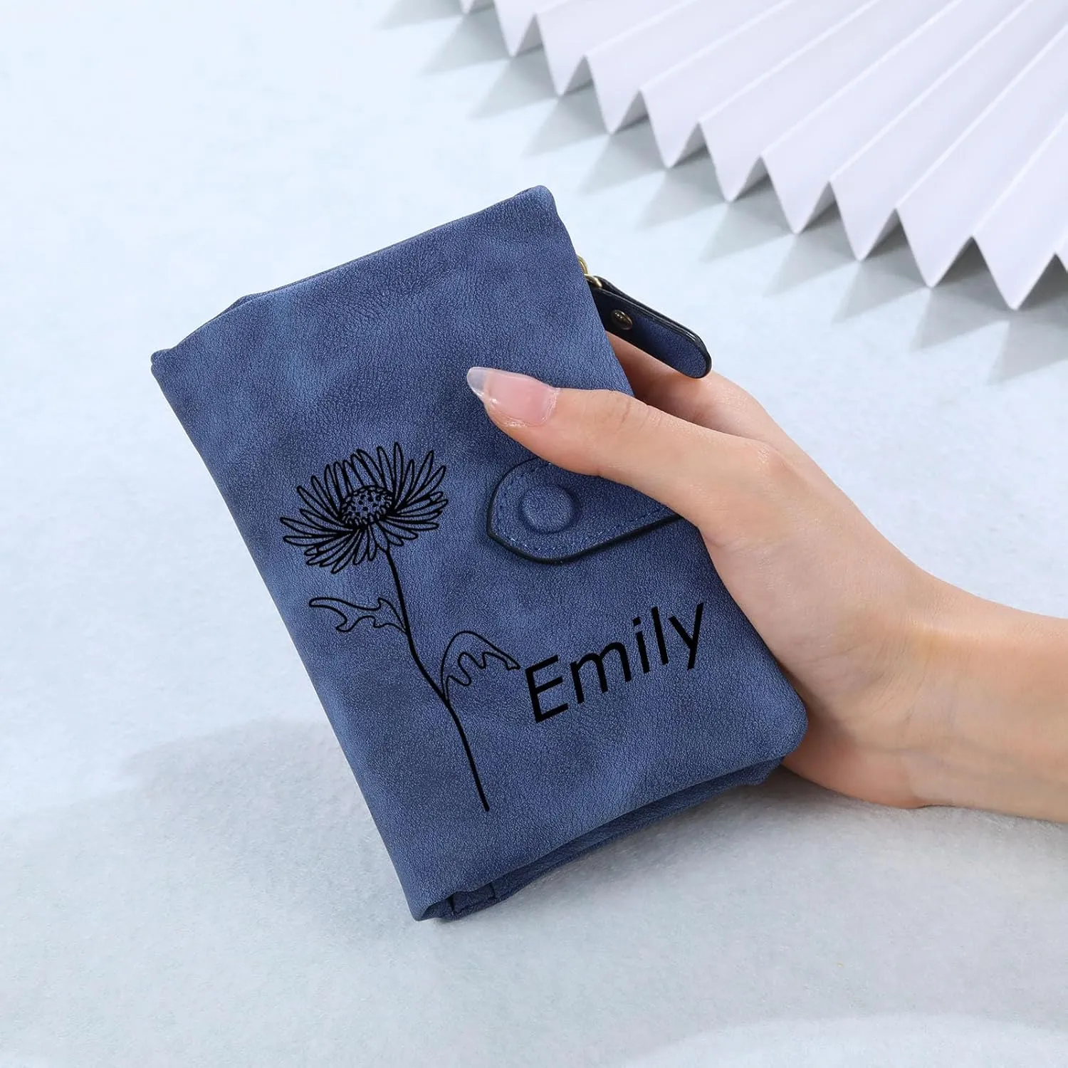 INBLUE Custom Leather Purse for Women Engraved Birth Flower with Name Ladies Wallet Small Tri-Fold Zipper Coin Purse with Wrist Strap Personalized Gift for Mom Mother's Day Birthday - Blue