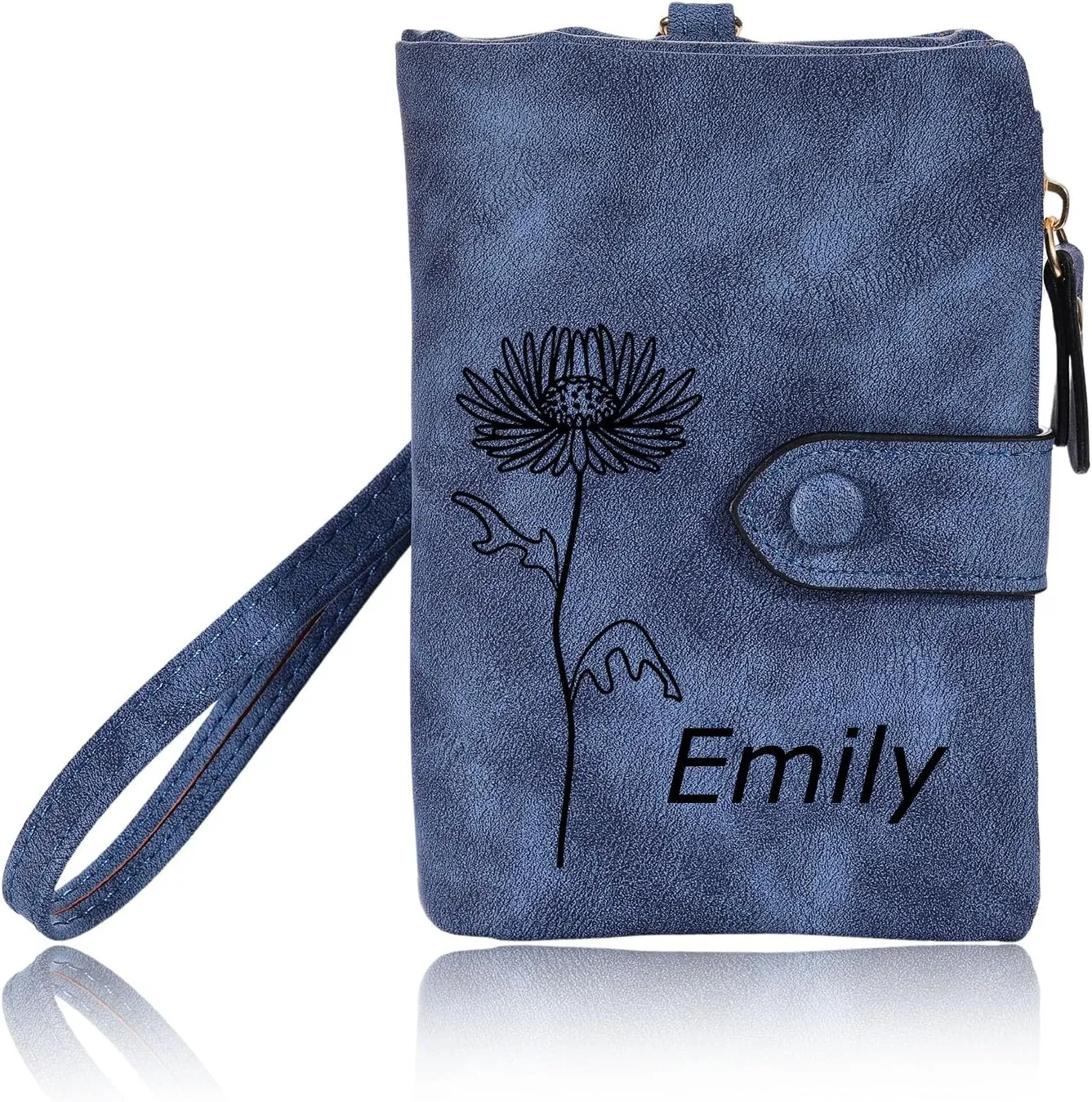 INBLUE Custom Leather Purse for Women Engraved Birth Flower with Name Ladies Wallet Small Tri-Fold Zipper Coin Purse with Wrist Strap Personalized Gift for Mom Mother's Day Birthday - Blue