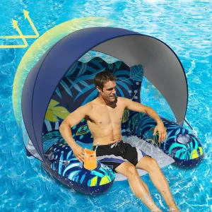 Inflatable Pool Floats Adult with Canopy, XL Pool Chair Lounge Float Raft Heavy Duty with Sun Shade, Cup Holders, Water Pool Floaties for Women, Swimming Pool Toys Floats for Lake, Beach