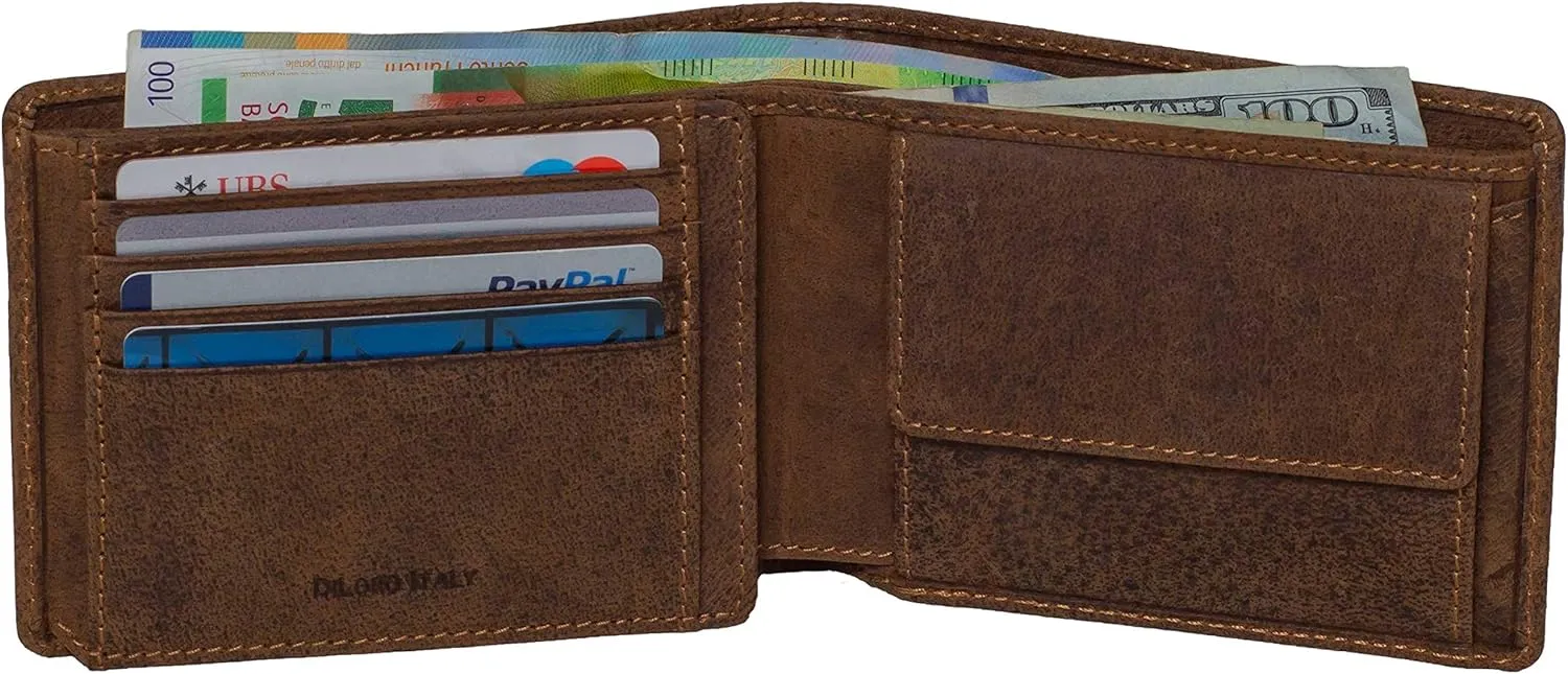 Italy Mens Leather Wallet Bifold Flip ID Coin Section RFID Protection