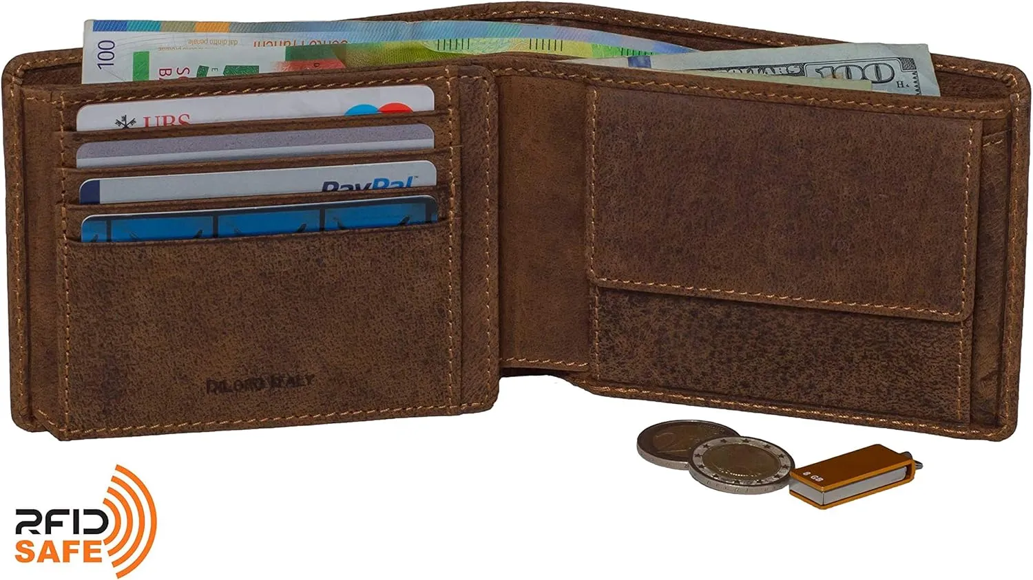 Italy Mens Leather Wallet Bifold Flip ID Coin Section RFID Protection