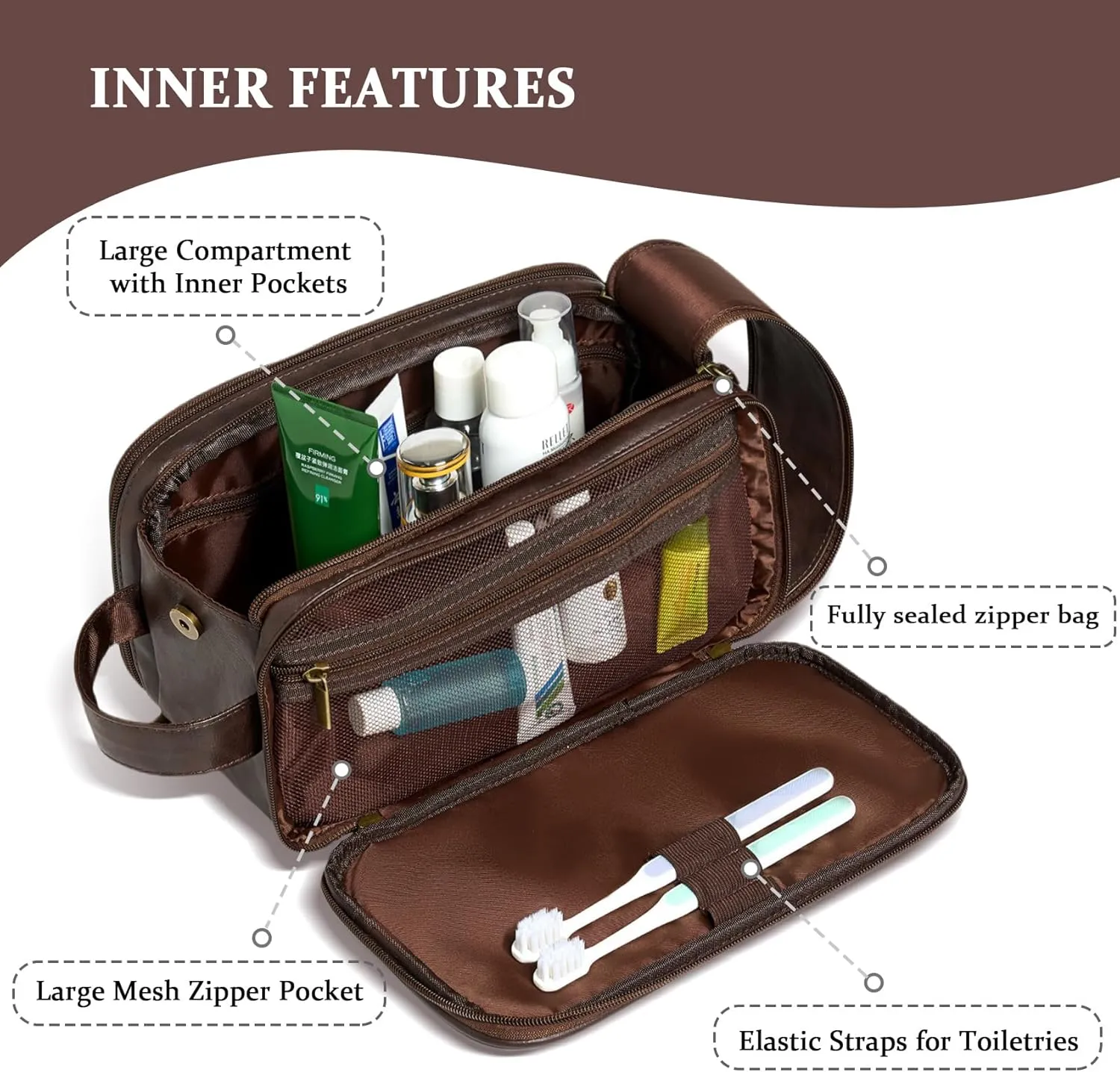 Janhavi Customized Gifts for Men, Waterproof Travel size Toiletries Bag, Makeup Organizer Foldie Travel Bag, Mens Toiletry Travel Bag, Men's Accessories Organizer, Travel Essentials Men(Dark Brown R)