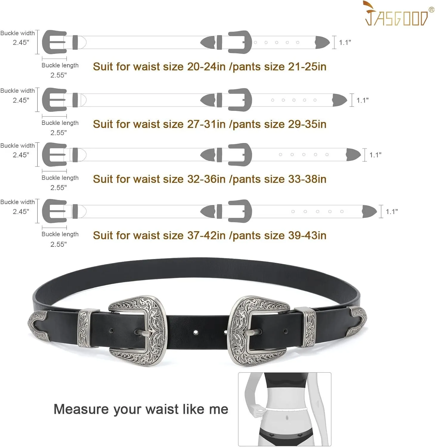 JASGOOD Women Leather Belts Ladies Vintage Western Design Black Waist Belt for Pants Dresses