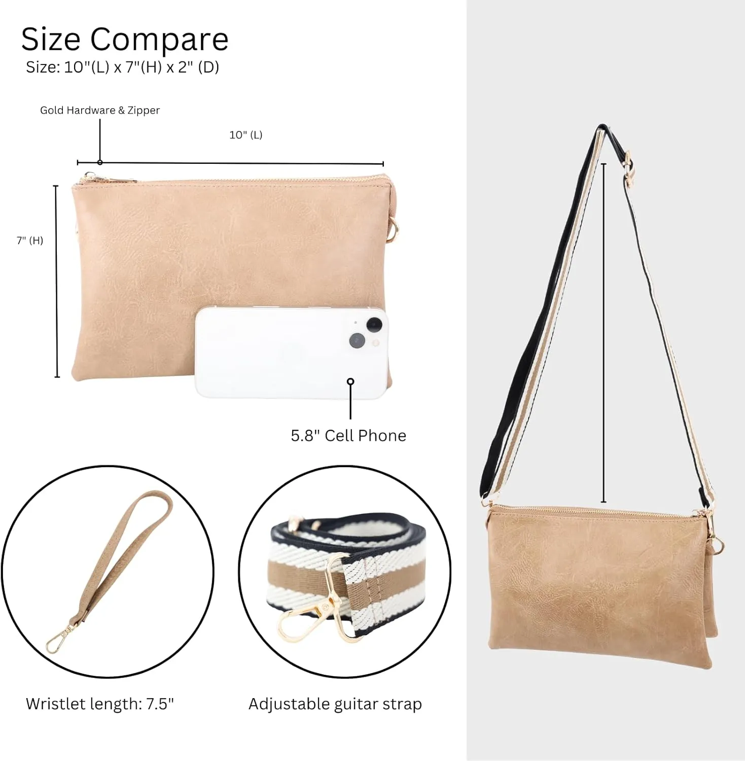 JEN & CO. Izzy Vegan Leather Crossbody Bags Clutch Purses Wristlet Wallet Shoulder Handbag with Guitar Strap for Women