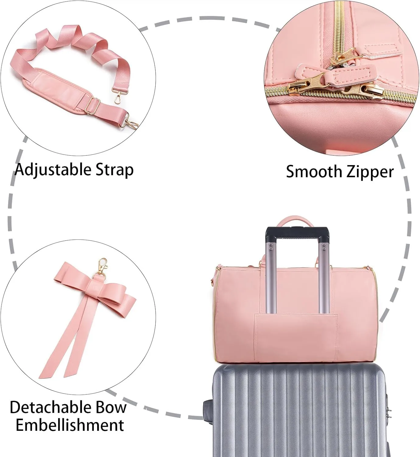 Jenni Bag Travel Bag with Wheels, High Capacity with Shoe Compartment, PU Leather 2 in 1 Hanging Suitcase Travel Bags. Jennibag Travel Bags for Women (Pink)