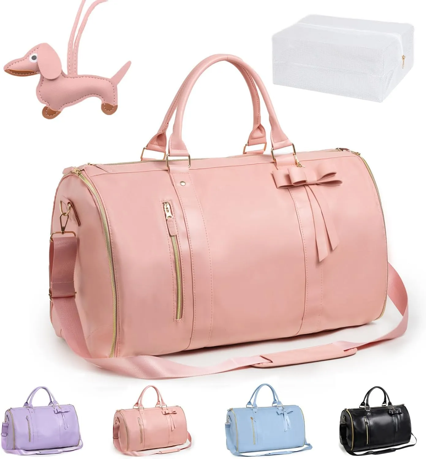 Jenni Bag Travel Bag with Wheels, High Capacity with Shoe Compartment, PU Leather 2 in 1 Hanging Suitcase Travel Bags. Jennibag Travel Bags for Women (Pink)