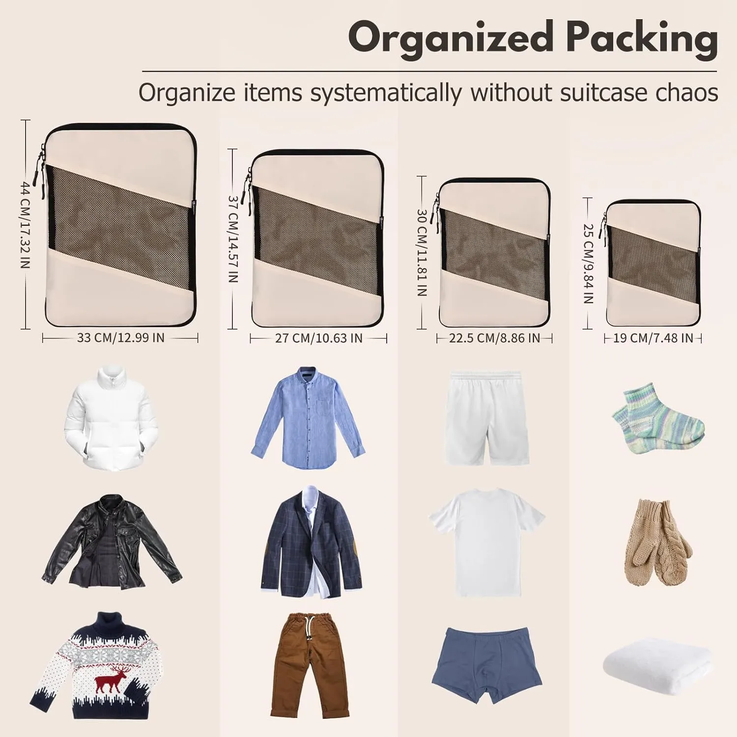 Jetsetta Extra Large Compression Packing Cubes with Mesh, Expandable Suitcase and Luggage travel packing cubes set for Travel Accessories（Cream 4 Set)
