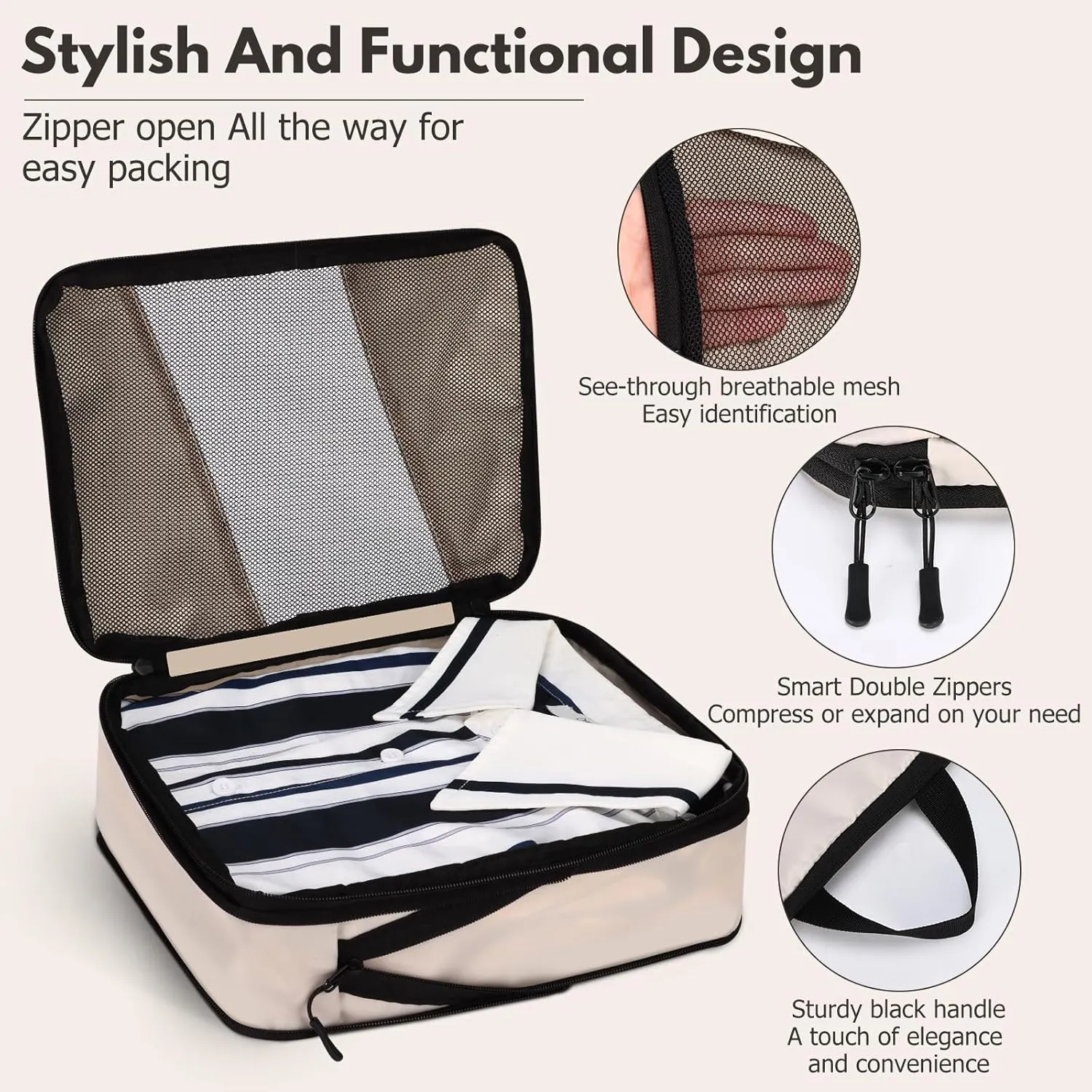 Jetsetta Extra Large Compression Packing Cubes with Mesh, Expandable Suitcase and Luggage travel packing cubes set for Travel Accessories（Cream 4 Set)