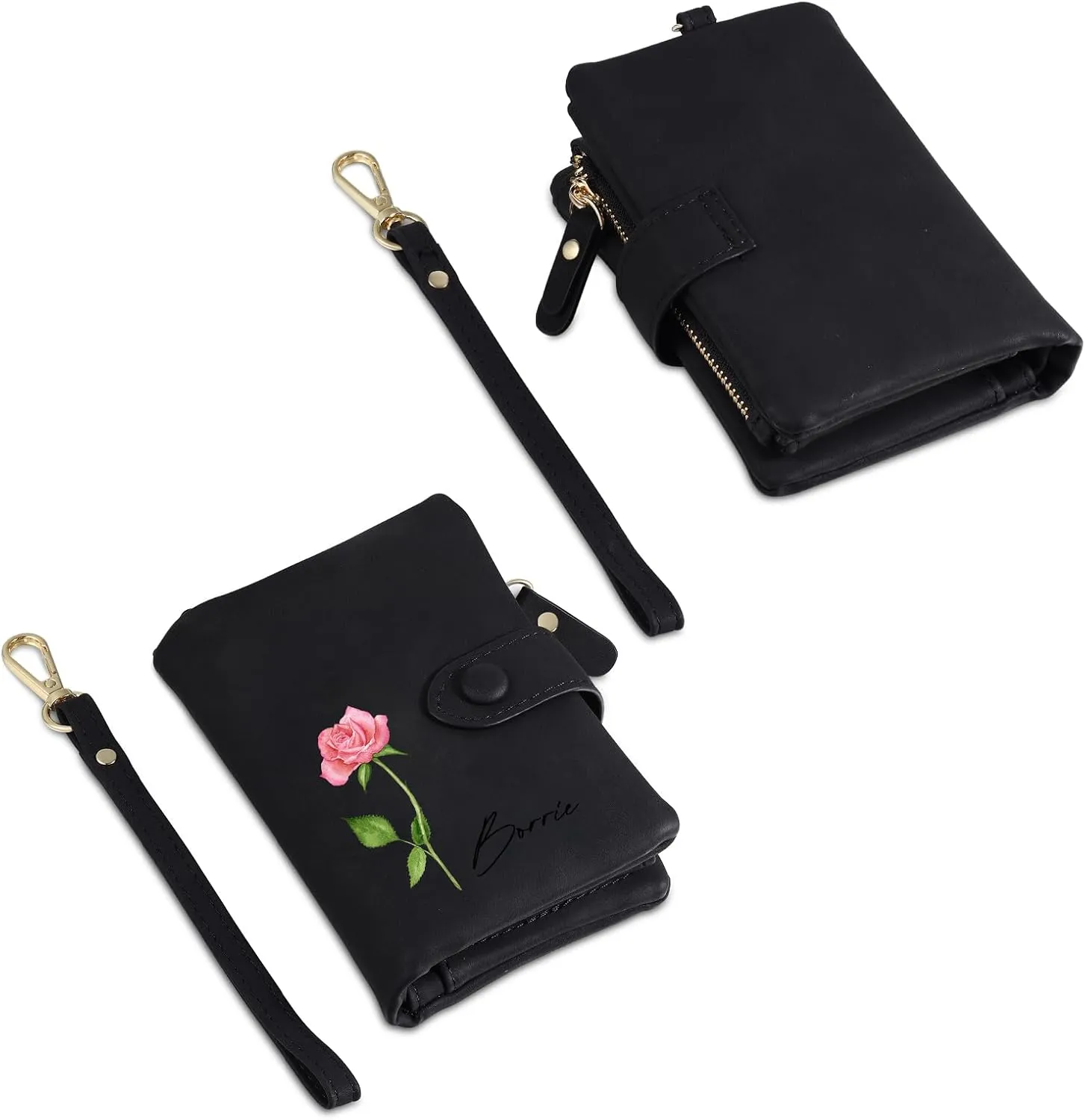 JewelOra Personalized Birth Flower Wallets for Women Custom Photo PU Leather Wallet Coin Purse Card Holder Zipper Coin Purse with Wrist Strap for Women Mother's Day(Style 1, Black)