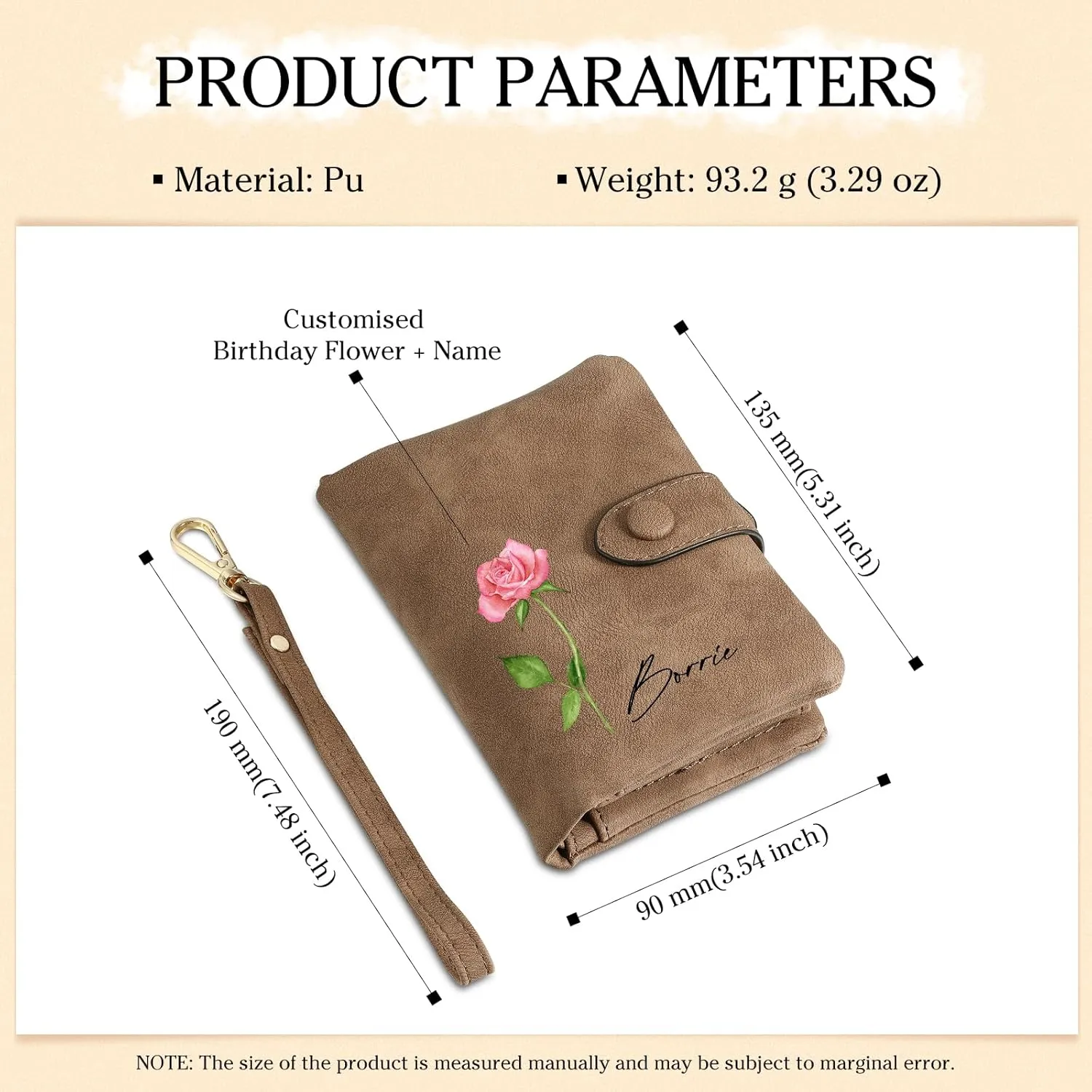 JewelOra Personalized Birth Flower Wallets for Women Custom Photo PU Leather Wallet Coin Purse Card Holder Zipper Coin Purse with Wrist Strap for Women Mother's Day(Style 1, Brown)
