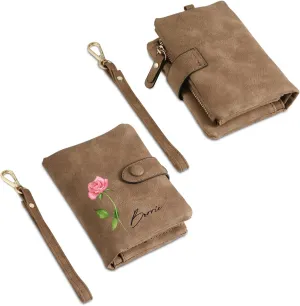 JewelOra Personalized Birth Flower Wallets for Women Custom Photo PU Leather Wallet Coin Purse Card Holder Zipper Coin Purse with Wrist Strap for Women Mother's Day(Style 1, Brown)