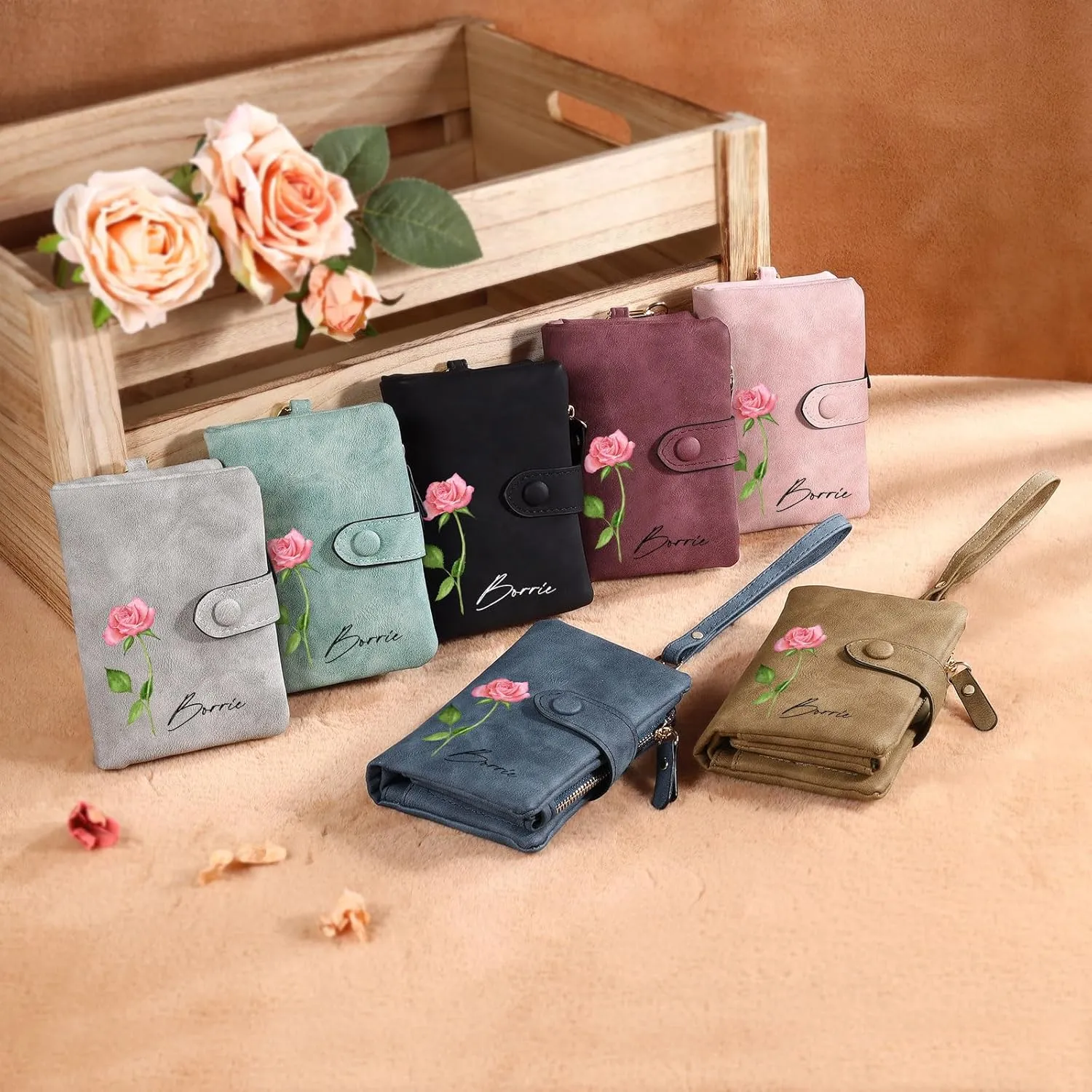 JewelOra Personalized Birth Flower Wallets for Women Custom Photo PU Leather Wallet Coin Purse Card Holder Zipper Coin Purse with Wrist Strap for Women Mother's Day(Style 1, Brown)