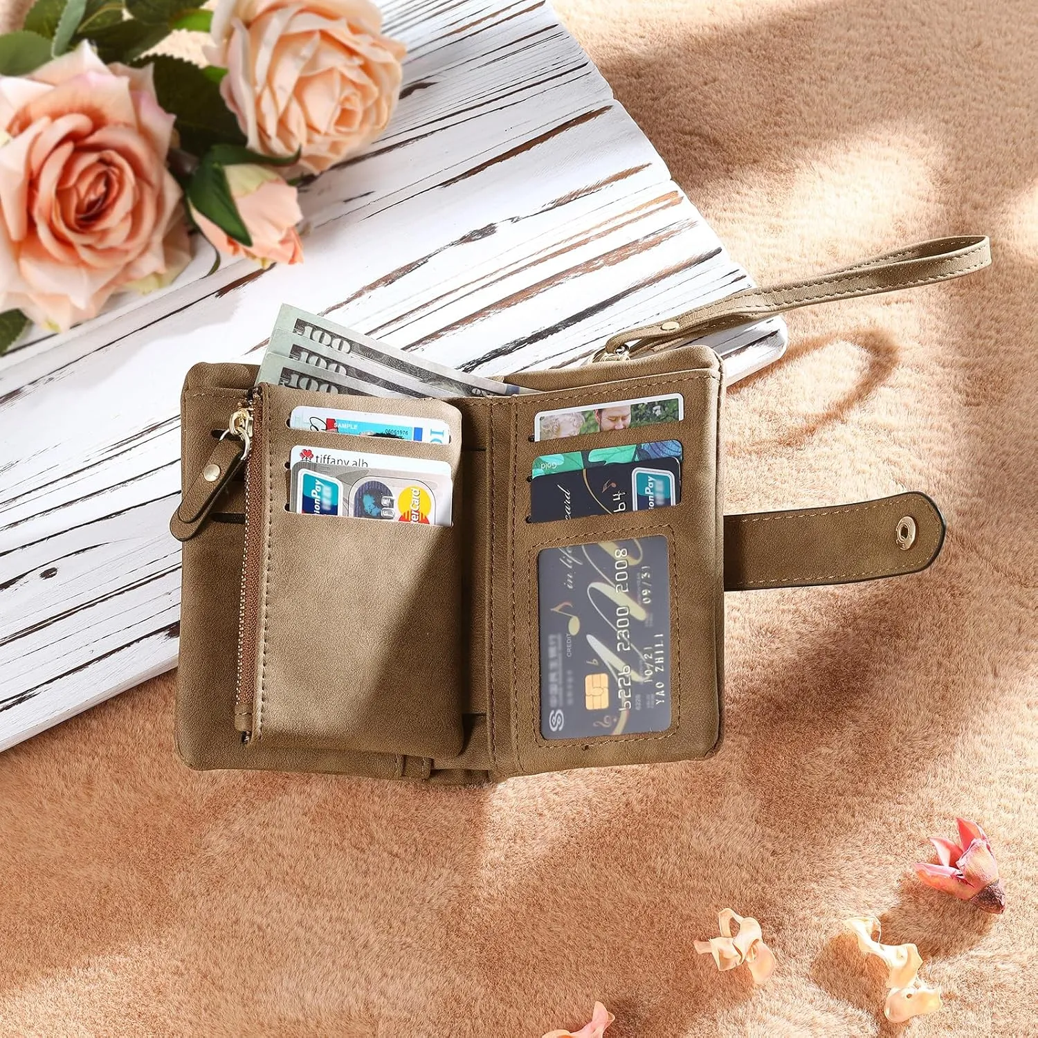 JewelOra Personalized Birth Flower Wallets for Women Custom Photo PU Leather Wallet Coin Purse Card Holder Zipper Coin Purse with Wrist Strap for Women Mother's Day(Style 1, Brown)