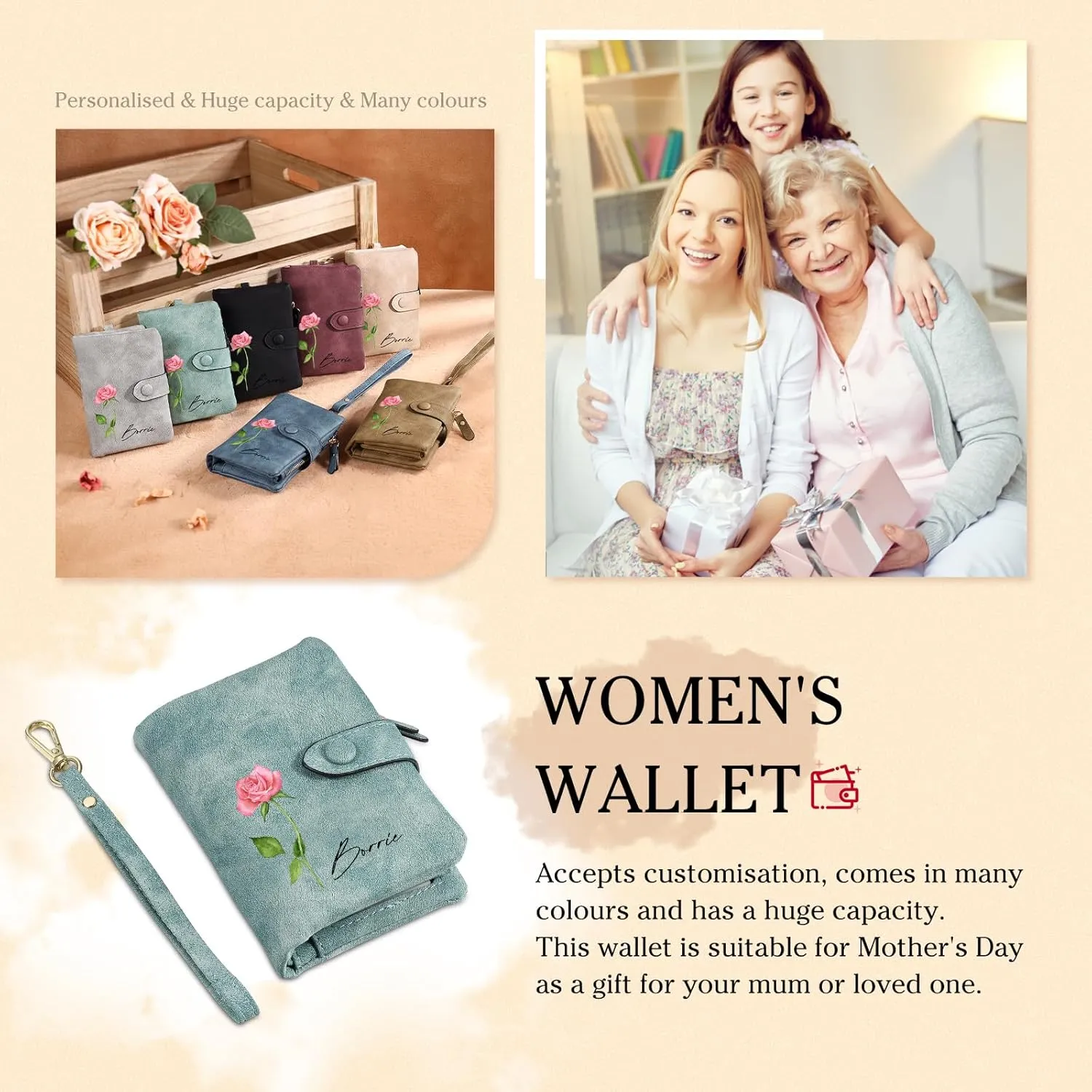 JewelOra Personalized Birth Flower Wallets for Women Custom Photo PU Leather Wallet Coin Purse Card Holder Zipper Coin Purse with Wrist Strap for Women Mother's Day(Style 1, Green)