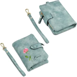 JewelOra Personalized Birth Flower Wallets for Women Custom Photo PU Leather Wallet Coin Purse Card Holder Zipper Coin Purse with Wrist Strap for Women Mother's Day(Style 1, Green)