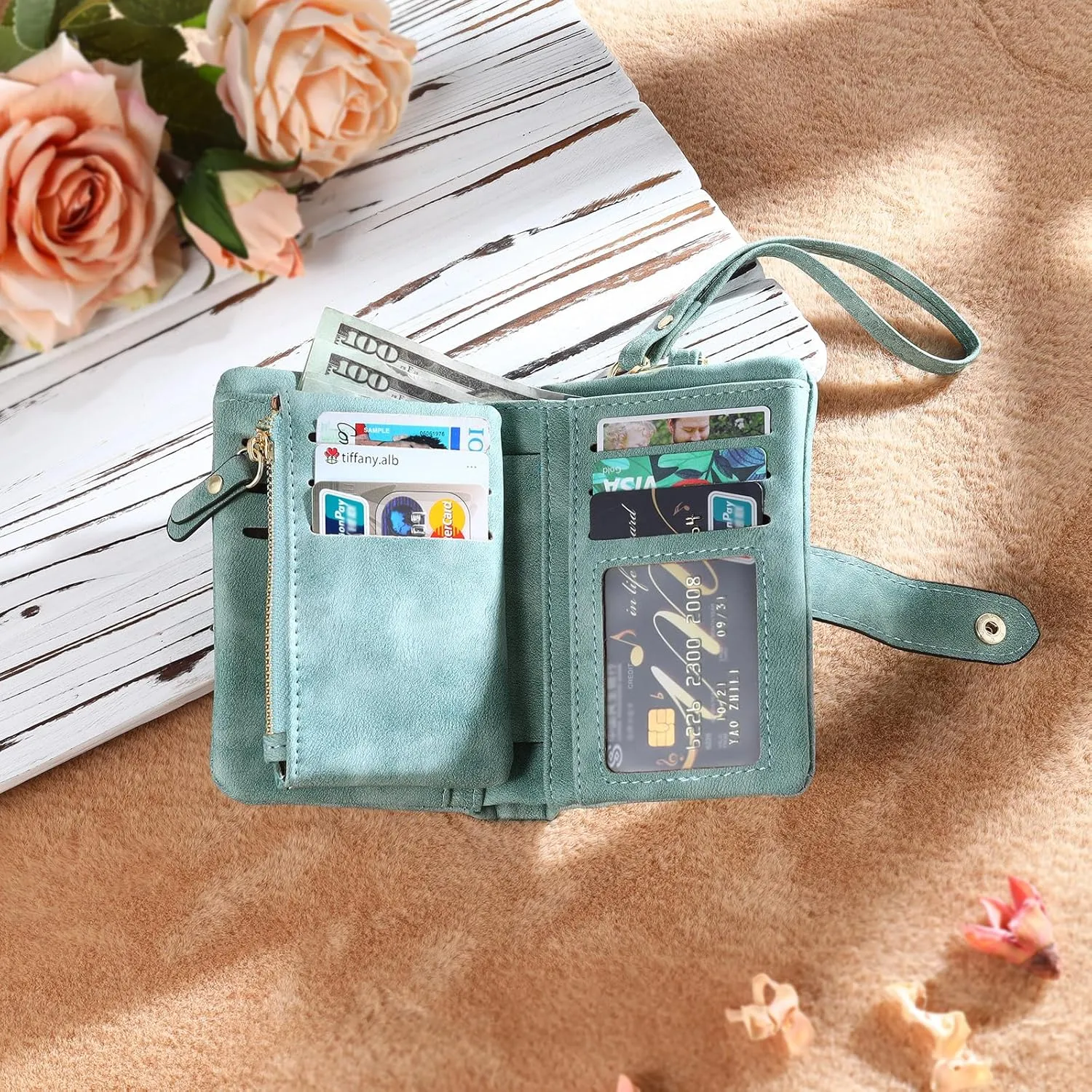 JewelOra Personalized Birth Flower Wallets for Women Custom Photo PU Leather Wallet Coin Purse Card Holder Zipper Coin Purse with Wrist Strap for Women Mother's Day(Style 1, Green)