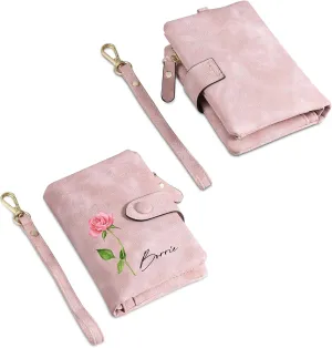 JewelOra Personalized Birth Flower Wallets for Women Custom Photo PU Leather Wallet Coin Purse Card Holder Zipper Coin Purse with Wrist Strap for Women Mother's Day(Style 1, Pink)