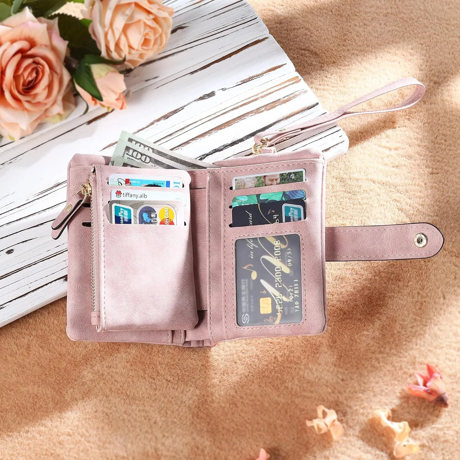 JewelOra Personalized Birth Flower Wallets for Women Custom Photo PU Leather Wallet Coin Purse Card Holder Zipper Coin Purse with Wrist Strap for Women Mother's Day(Style 1, Pink)