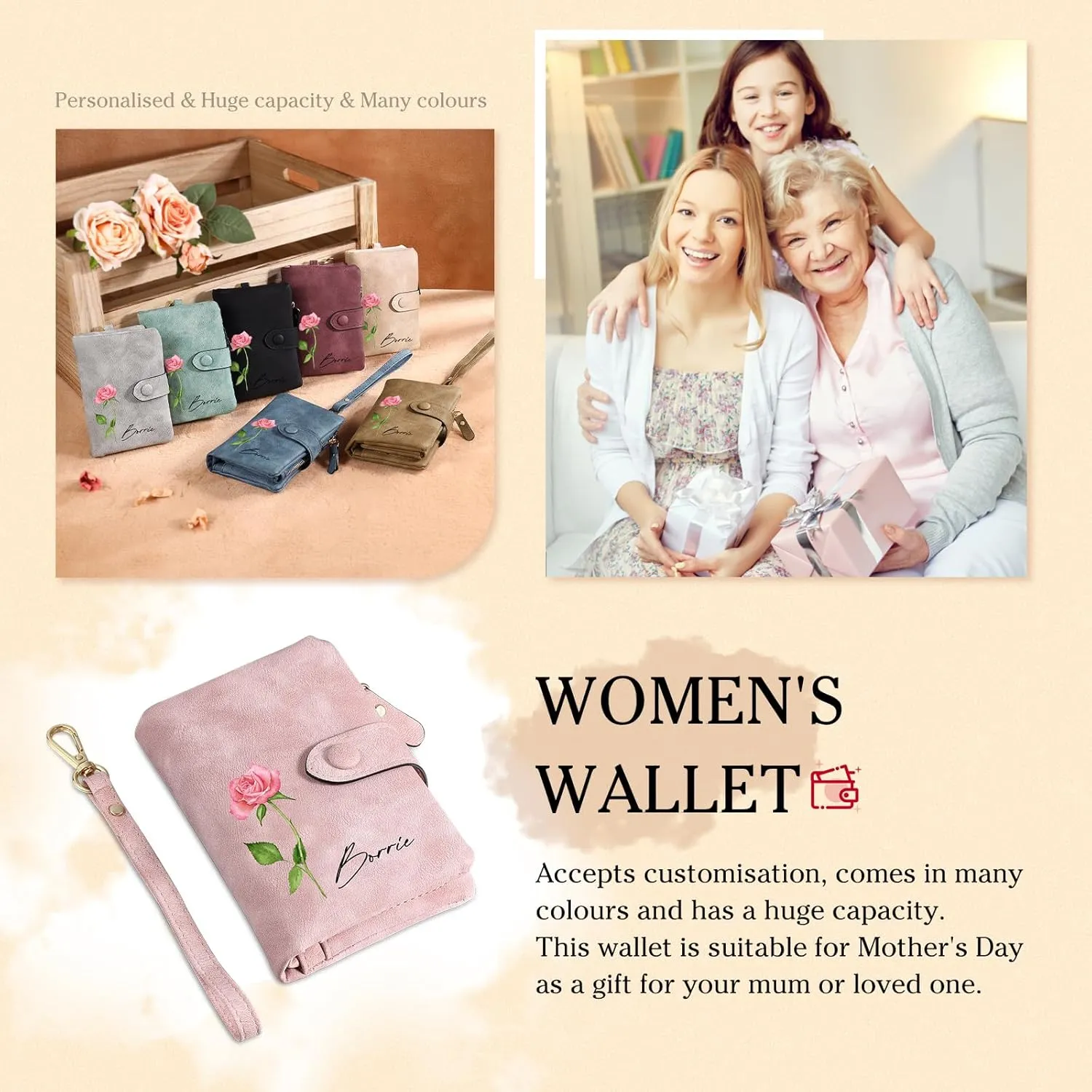JewelOra Personalized Birth Flower Wallets for Women Custom Photo PU Leather Wallet Coin Purse Card Holder Zipper Coin Purse with Wrist Strap for Women Mother's Day(Style 1, Pink)