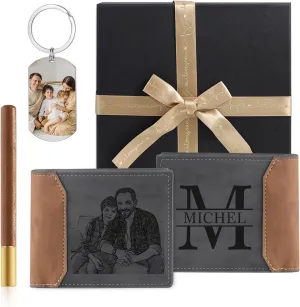 JewelOra Personalized Gifts for Men - Custom Photo Mens Wallet & Keychain Gifts Set for Father's Day - Customized Gift Box for Dad, Husband (Wallet Sets-1)