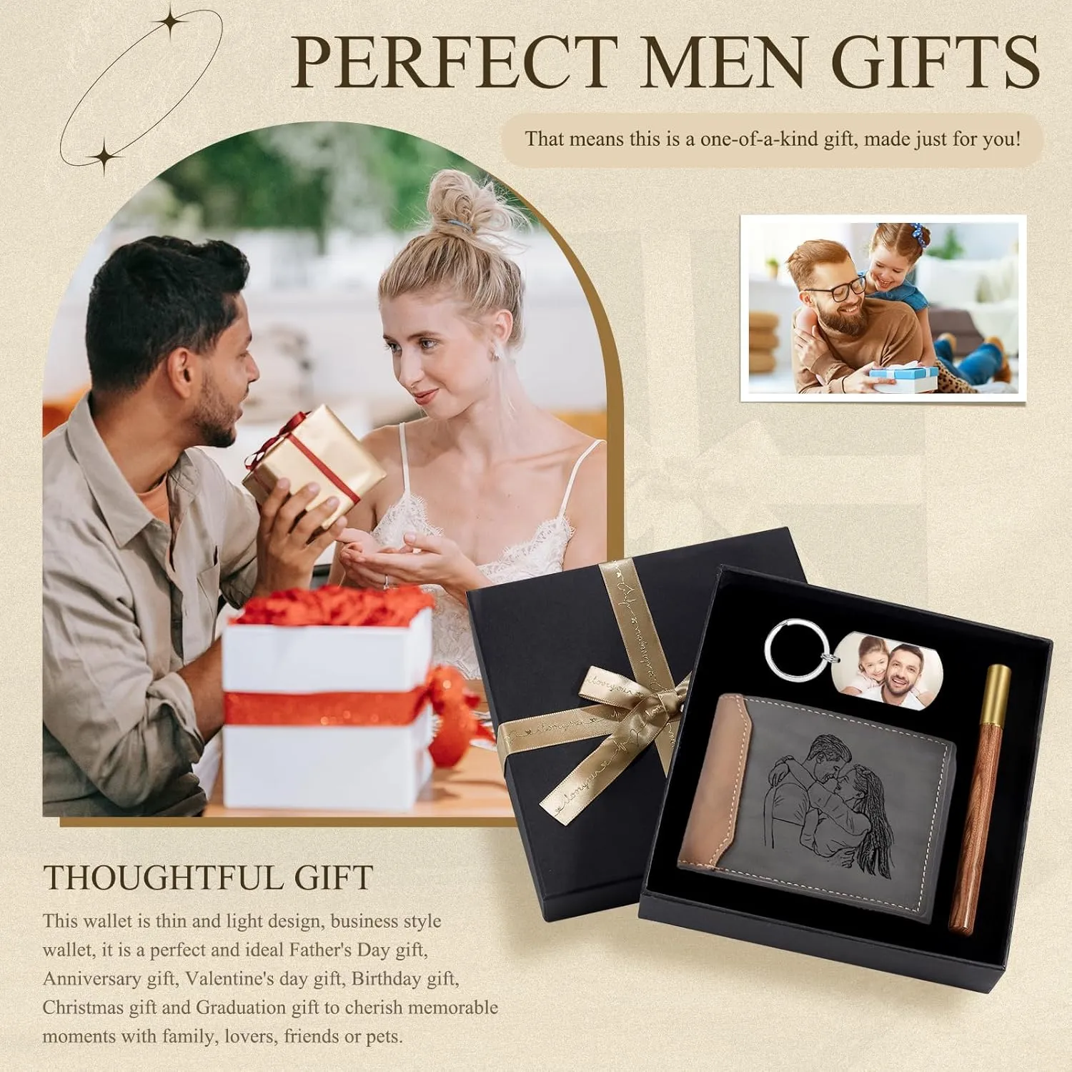JewelOra Personalized Gifts for Men - Custom Photo Mens Wallet & Keychain Gifts Set for Father's Day - Customized Gift Box for Dad, Husband (Wallet Sets-1)