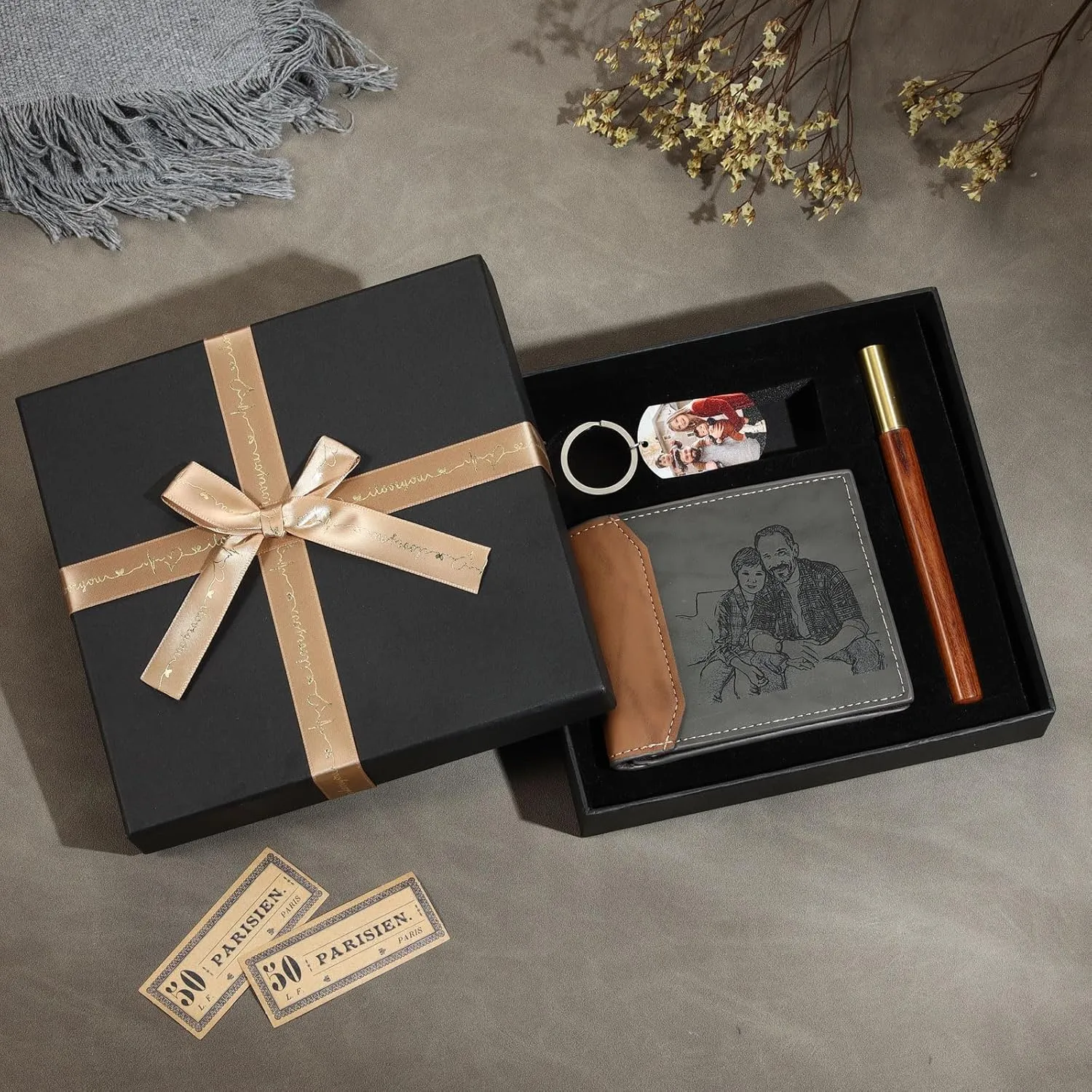 JewelOra Personalized Gifts for Men - Custom Photo Mens Wallet & Keychain Gifts Set for Father's Day - Customized Gift Box for Dad, Husband (Wallet Sets-1)