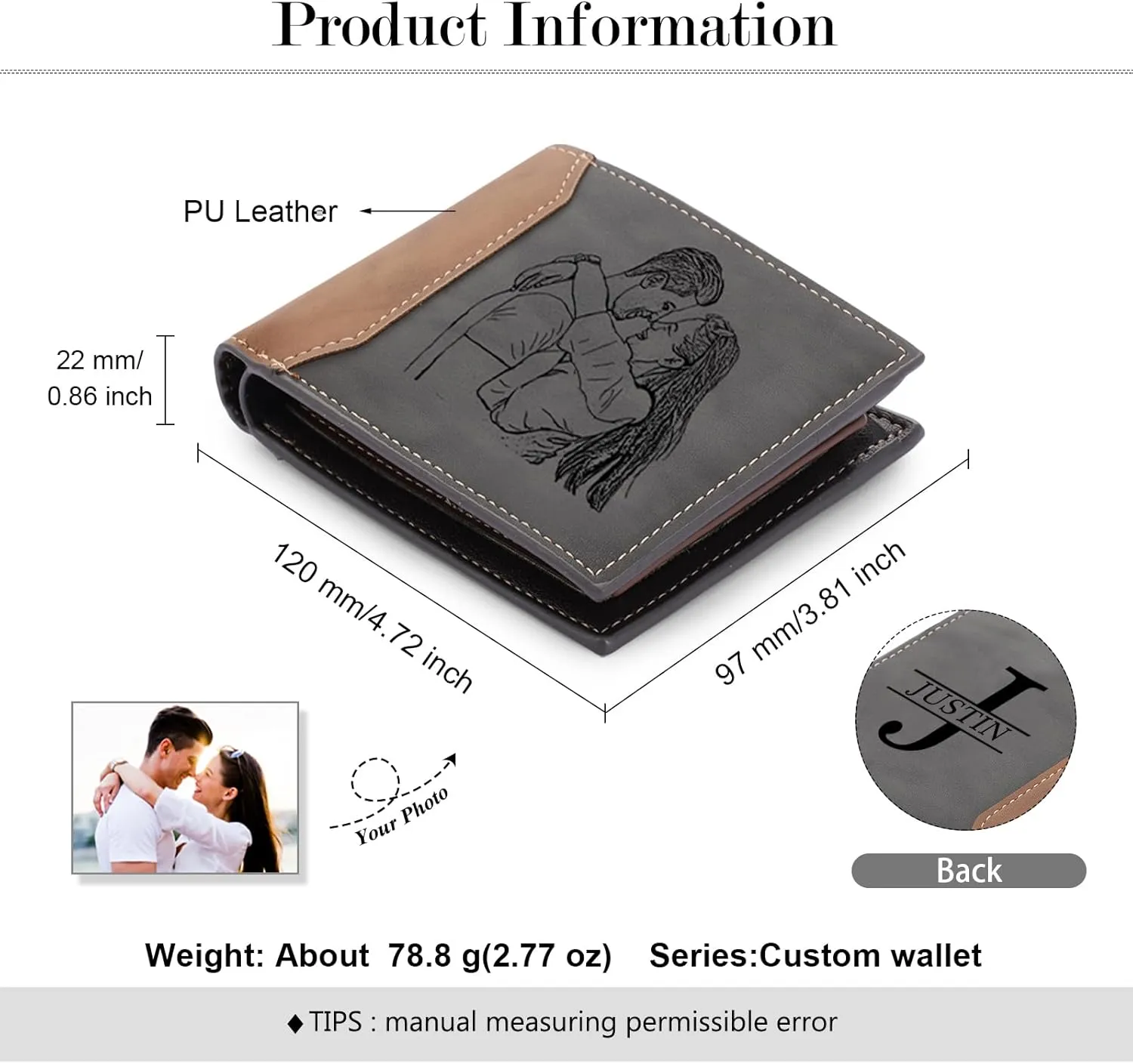 JewelOra Personalized Gifts for Men - Custom Photo Mens Wallet & Keychain Gifts Set for Father's Day - Customized Gift Box for Dad, Husband (Wallet Sets-1)