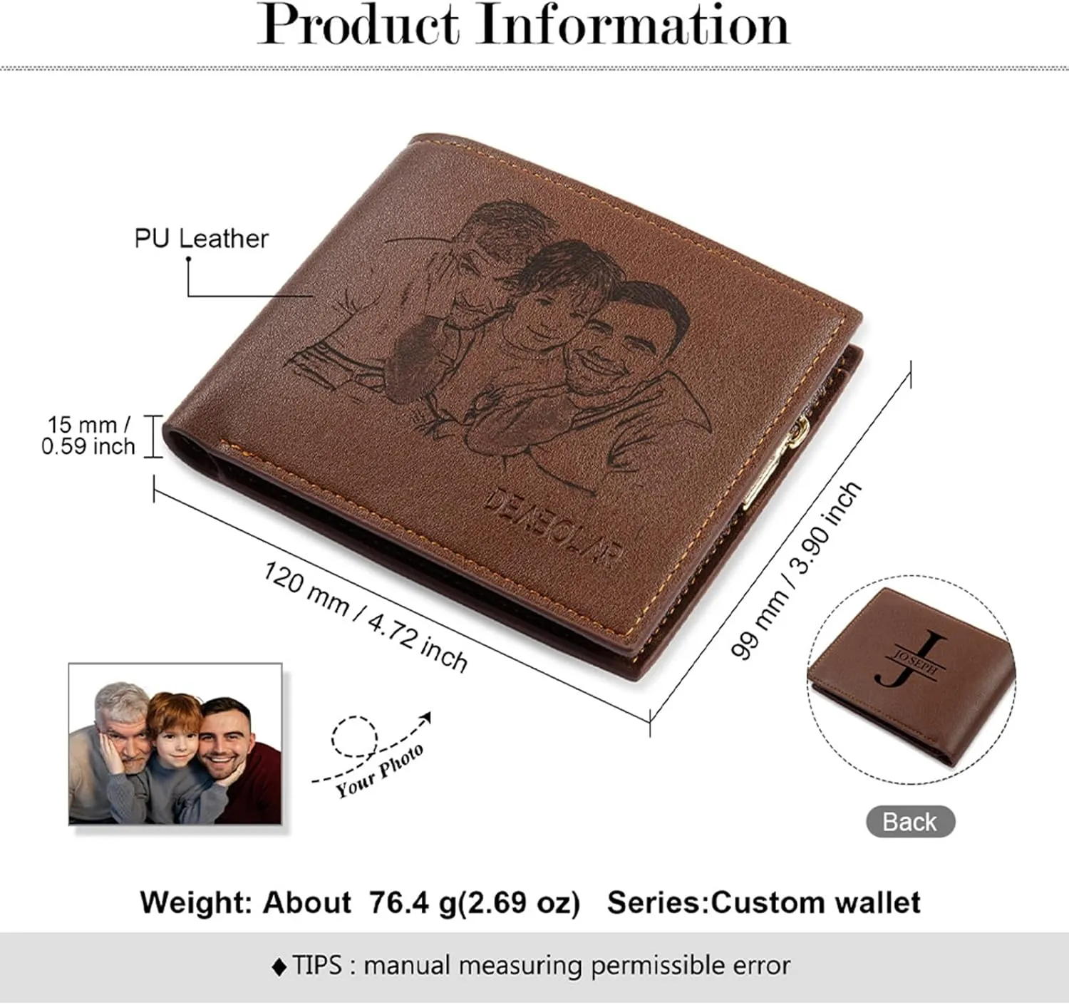 JewelOra Personalized Gifts for Men - Custom Photo Mens Wallet & Keychain Gifts Set for Father's Day - Customized Gift Box for Dad, Husband (Wallet Sets-2)