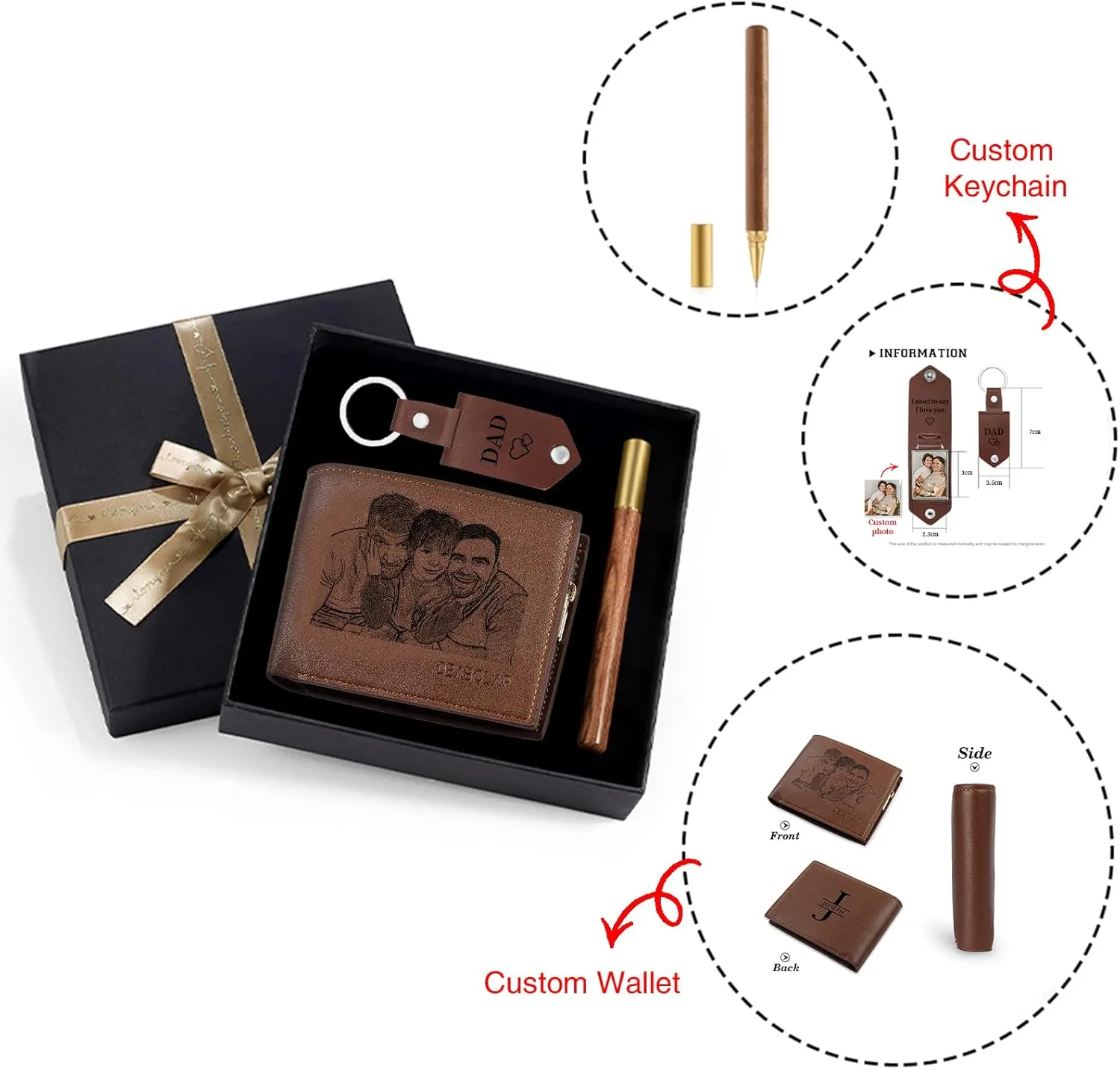 JewelOra Personalized Gifts for Men - Custom Photo Mens Wallet & Keychain Gifts Set for Father's Day - Customized Gift Box for Dad, Husband (Wallet Sets-2)