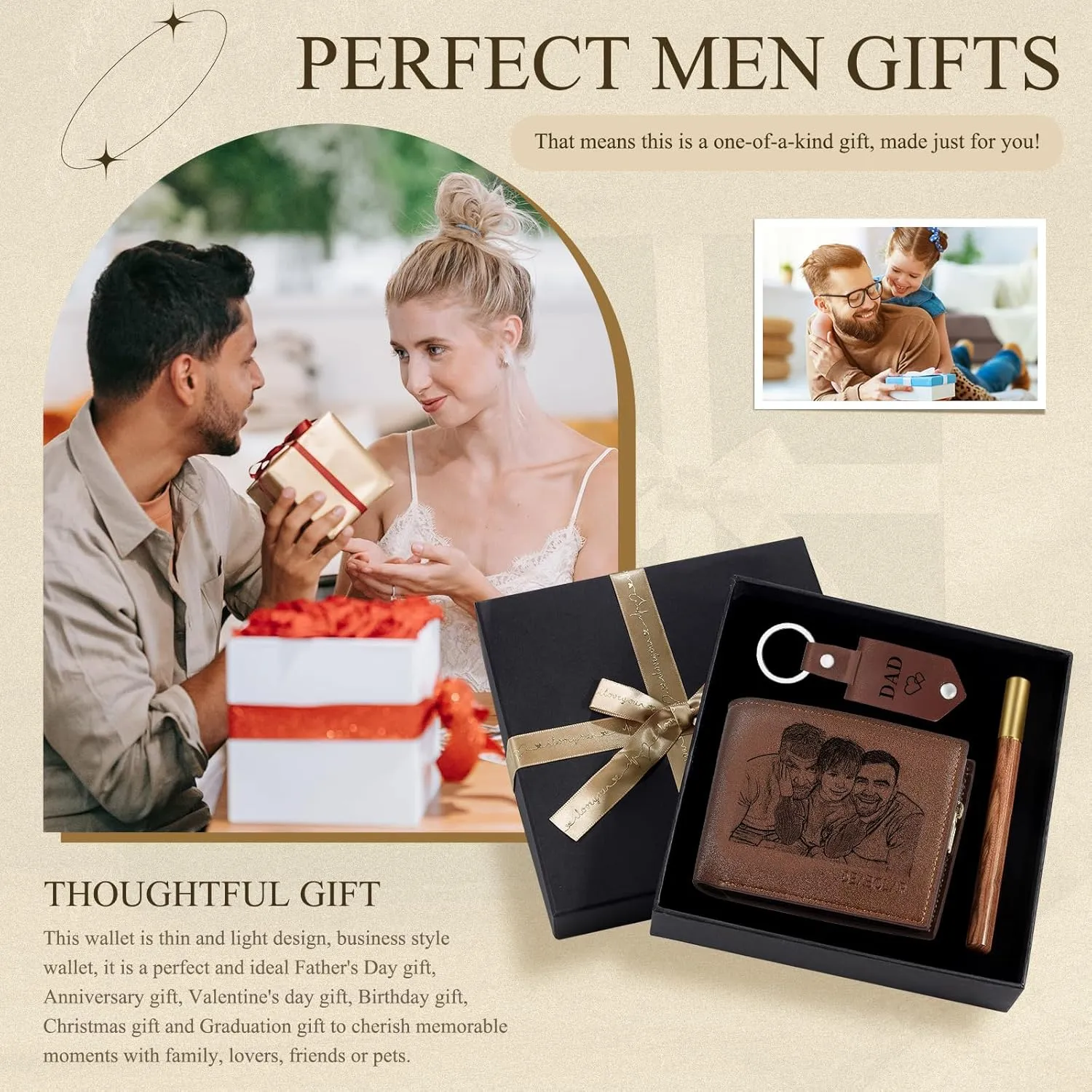 JewelOra Personalized Gifts for Men - Custom Photo Mens Wallet & Keychain Gifts Set for Father's Day - Customized Gift Box for Dad, Husband (Wallet Sets-2)