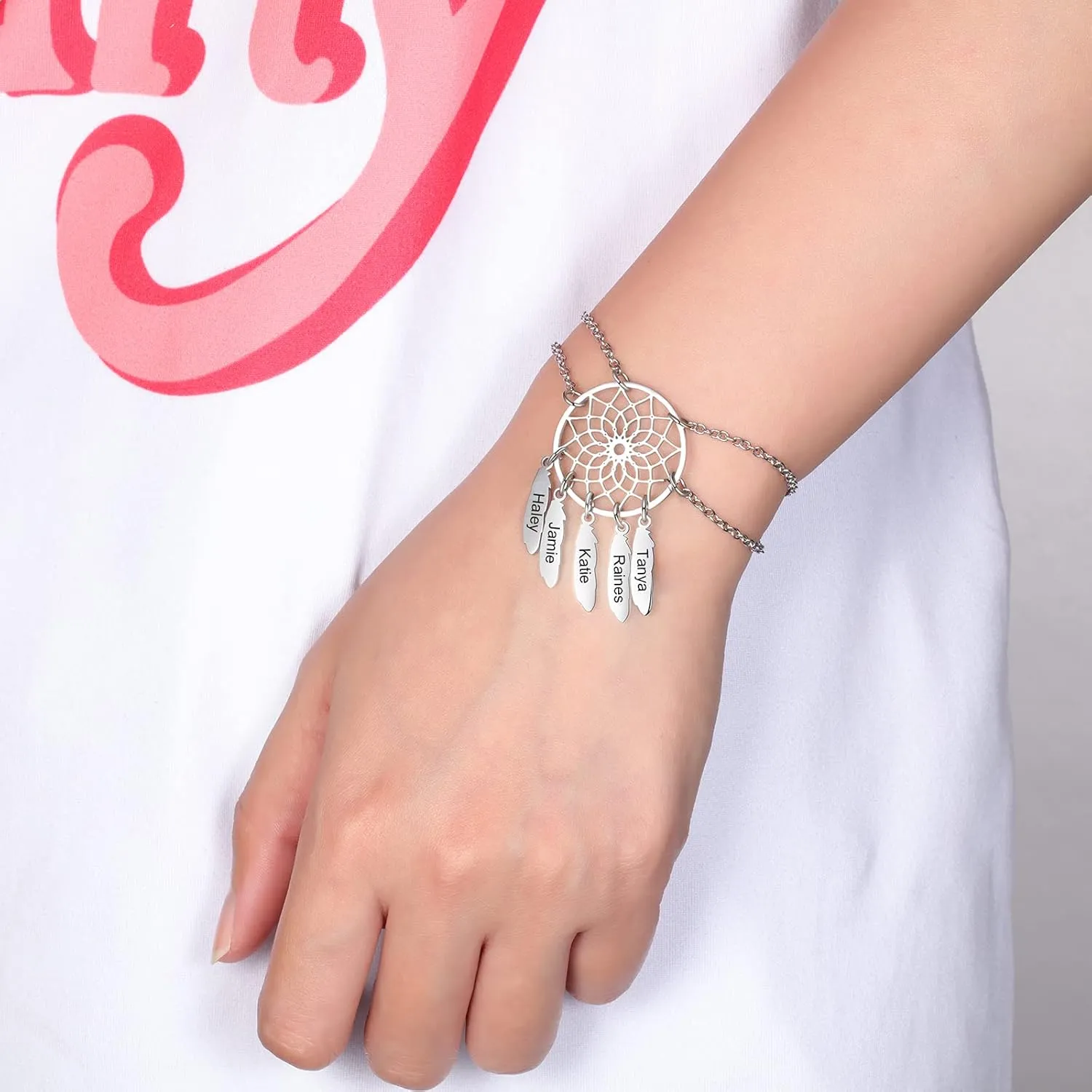 JewelOra Personalized Mothers Name Bracelet with 2-7 Names Custom Dream Catcher Link Bracelet Name for Mother's Day Birthday Gift for Mom Wife Women