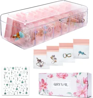 Jewelry Organizer and Storage Box with 24 EVA Anti Tarnish Bags, Travel Acrylic Case for Earrings, Necklaces & Rings, Elegant Gift for Women & Girls (Clear)