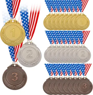 Jim & Jamie Gold Medal XL Size 2.5 inch Award Set for School, College Sports, Gold, Silver, Bronze, USA Flag Patriot Ribbon Options of 12 Pieces or 24 Pieces Set, Large Medal Size Beautiful Design