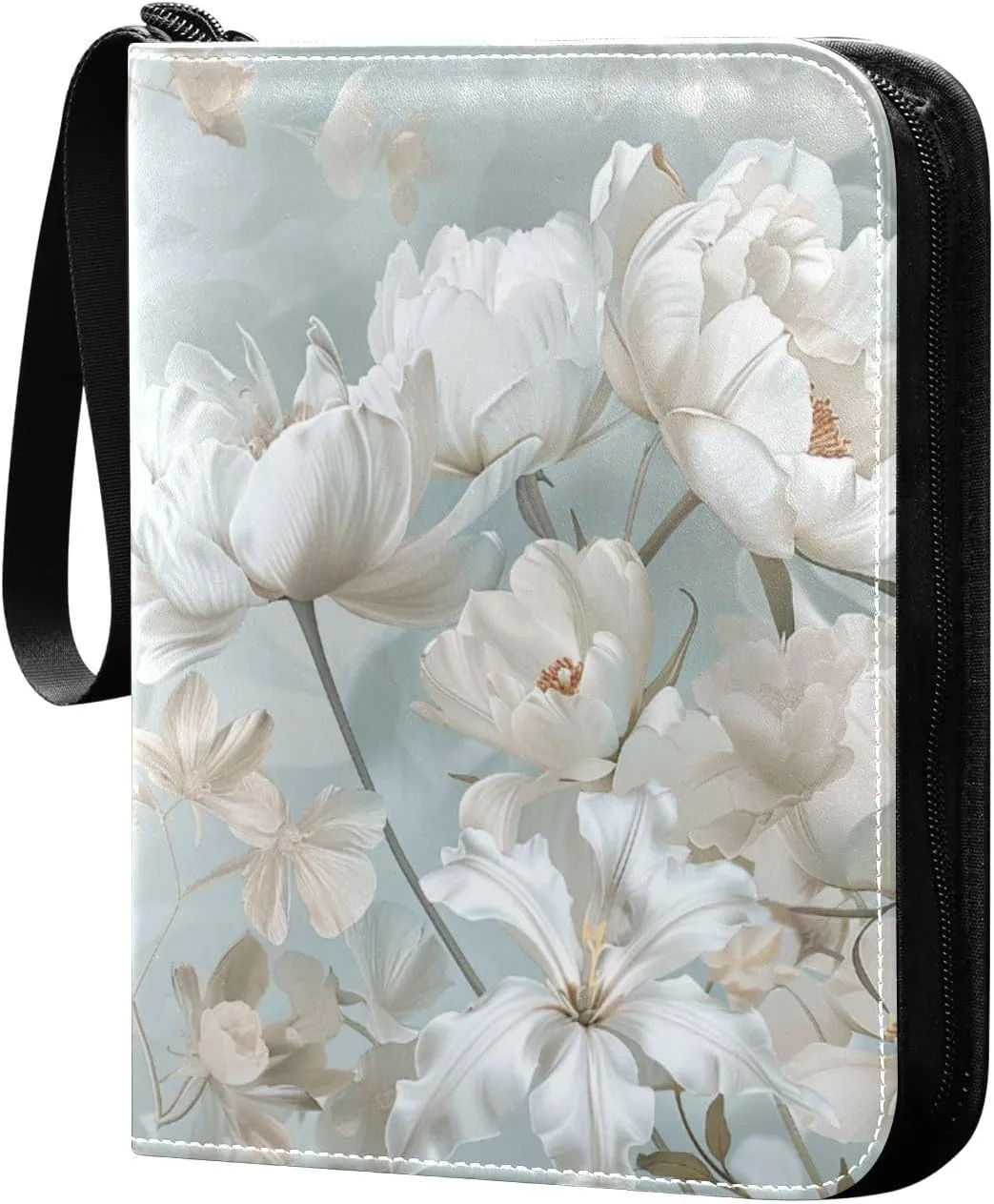 Joko Ivery Painting White_flowers 4 Pockets Trading Card Album Folder for Cards PU Cover Zip Card Binder with 400 Side Loading Pockets Premium Card Book for Boys Girls Game Sports Cards Collectible