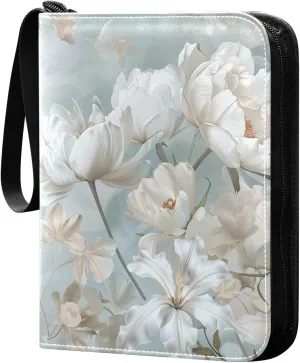 Joko Ivery Painting White_flowers 4 Pockets Trading Card Album Folder for Cards PU Cover Zip Card Binder with 400 Side Loading Pockets Premium Card Book for Boys Girls Game Sports Cards Collectible