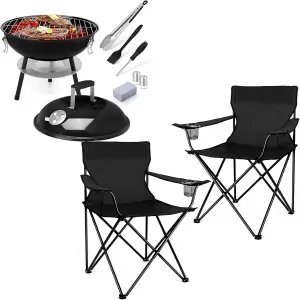 Joyfair Camping Chair & 14in Small Charcoal Grill with Tool, Portable Lawn Folding Chairs for Adults, Camping BBQ Smoker Kit for Outdoor Barbecue, Heavy Duty Chair for Beach, Fishing, Tailgating Sport