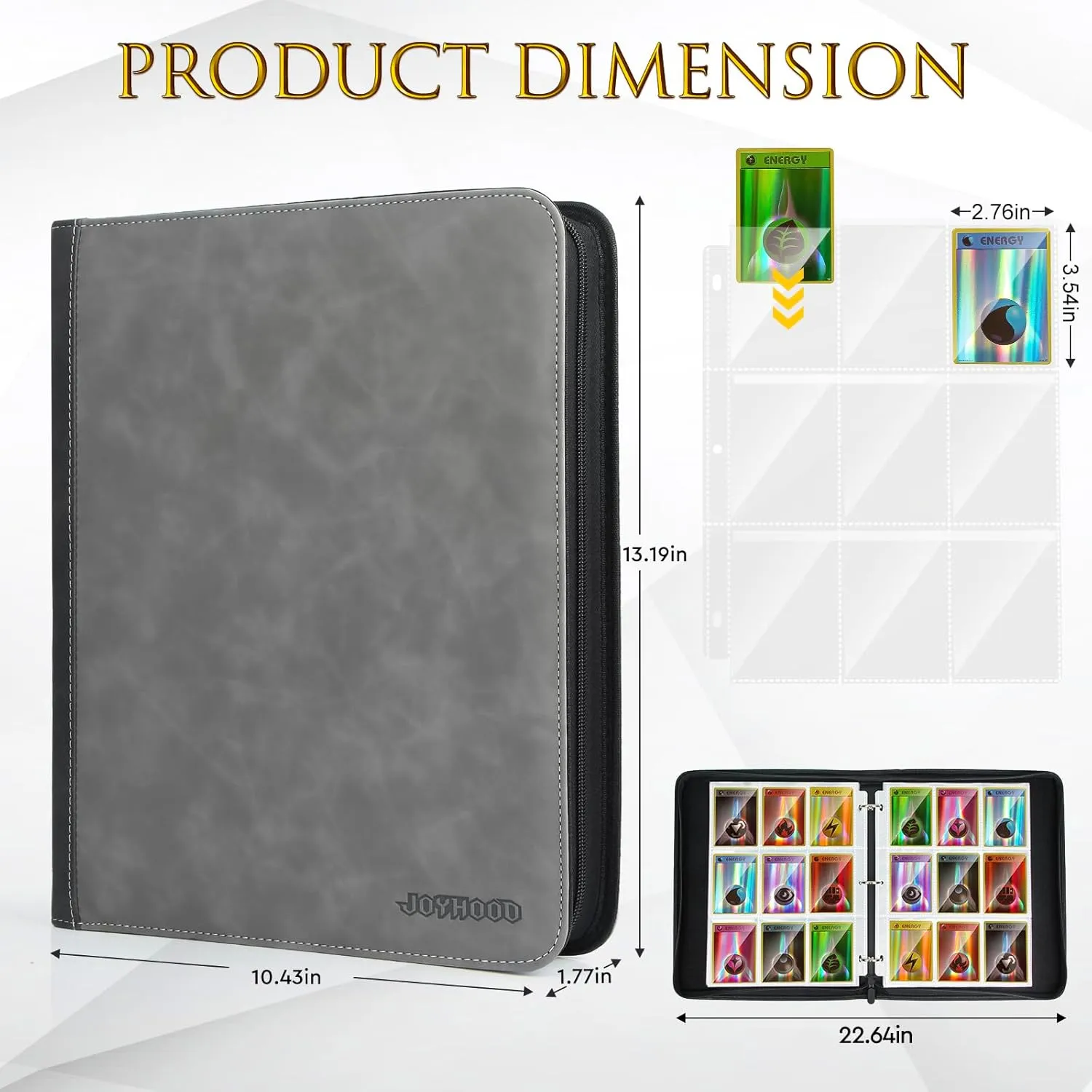 JoyHood Card Binder for Trading Card, Card Collection Binder with 9 Pocket - Hold Up to 900 Cards, Card Album Holder compatible with TCG/PM/MTG/OPCG/YGO Card (Grey, 9 Pocket)