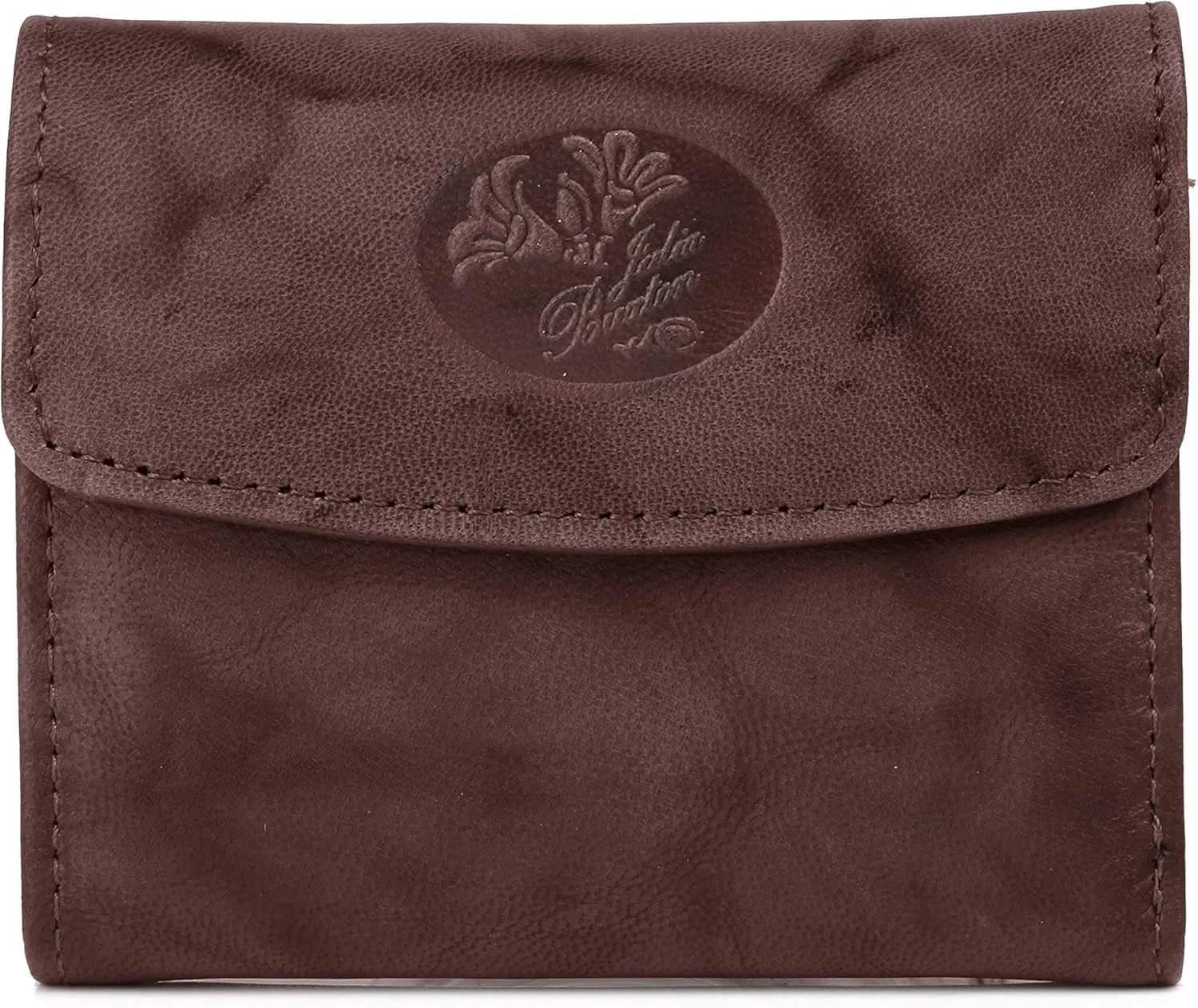 Julia Buxton USA Women's Floral Embossed Mahogany Leather RFID Protected Tri-Fold Wallet with 5 Compartments and Zip Pocket