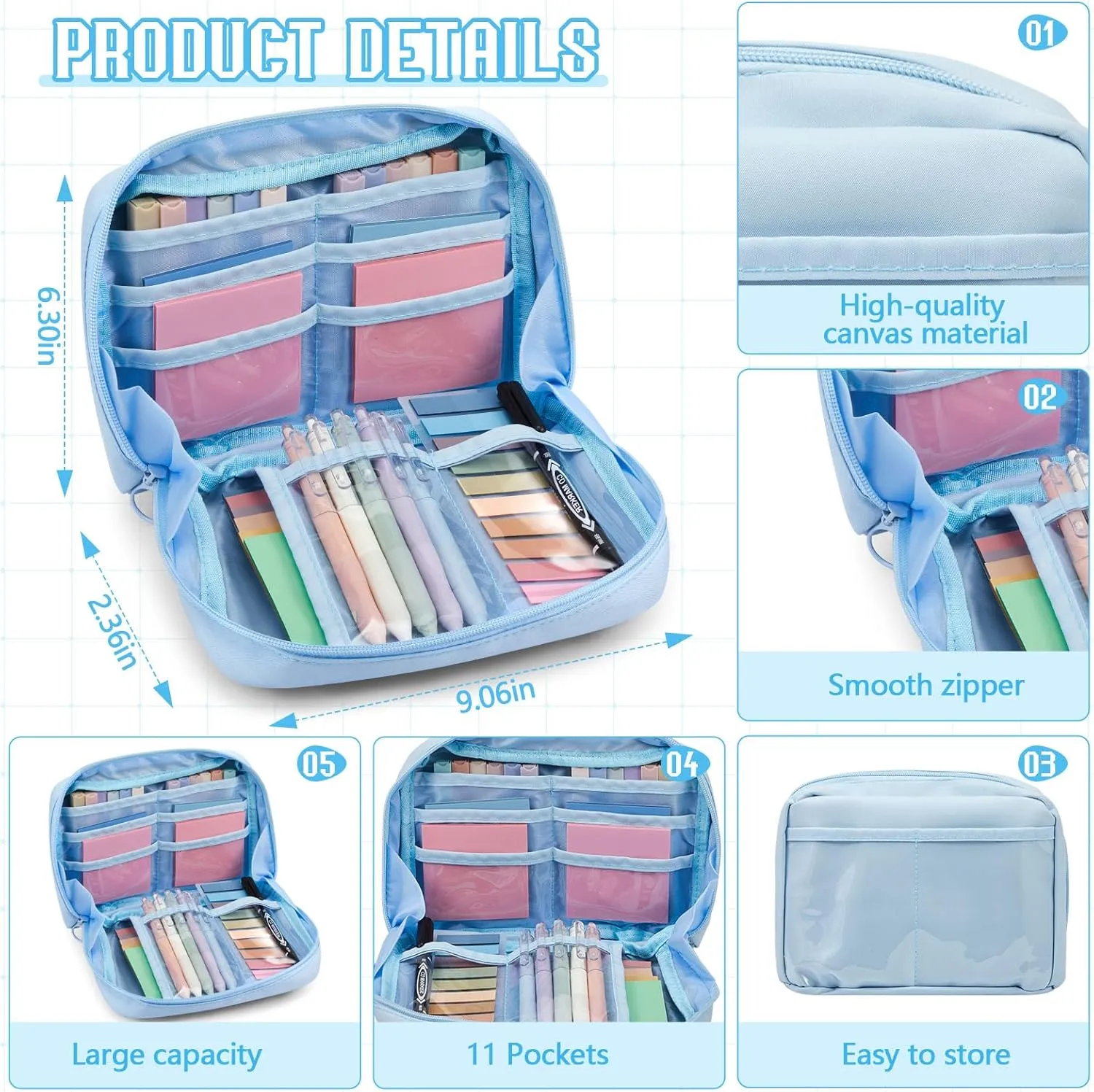 Jutom 39 Pcs Aesthetic Book Annotation Kit Pencil Case Bag with Highlighter Gel Pen 700 Sheets Transparent Sticky Notes Pads Index Tab Bible Study Supplies for School(Blue,Kawaii Style)