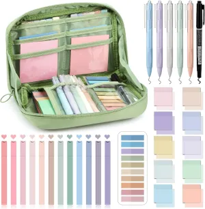 Jutom 39 Pcs Aesthetic Book Annotation Kit Pencil Case Bag with Highlighter Gel Pen 700 Sheets Transparent Sticky Notes Pads Index Tab Bible Study Supplies for School(Green,Kawaii Style)
