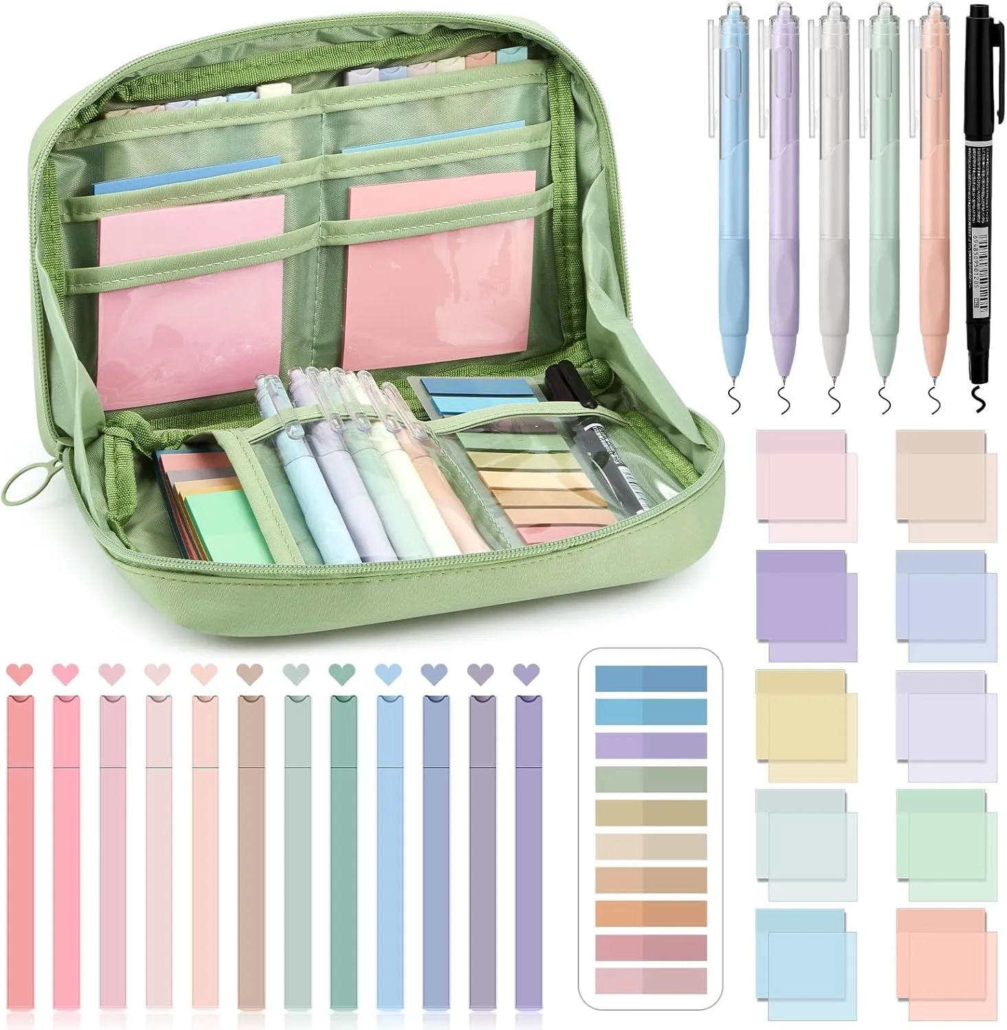 Jutom 39 Pcs Aesthetic Book Annotation Kit Pencil Case Bag with Highlighter Gel Pen 700 Sheets Transparent Sticky Notes Pads Index Tab Bible Study Supplies for School(Green,Kawaii Style)