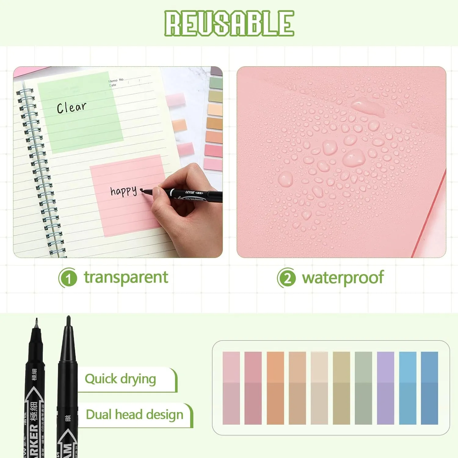 Jutom 39 Pcs Aesthetic Book Annotation Kit Pencil Case Bag with Highlighter Gel Pen 700 Sheets Transparent Sticky Notes Pads Index Tab Bible Study Supplies for School(Green,Kawaii Style)