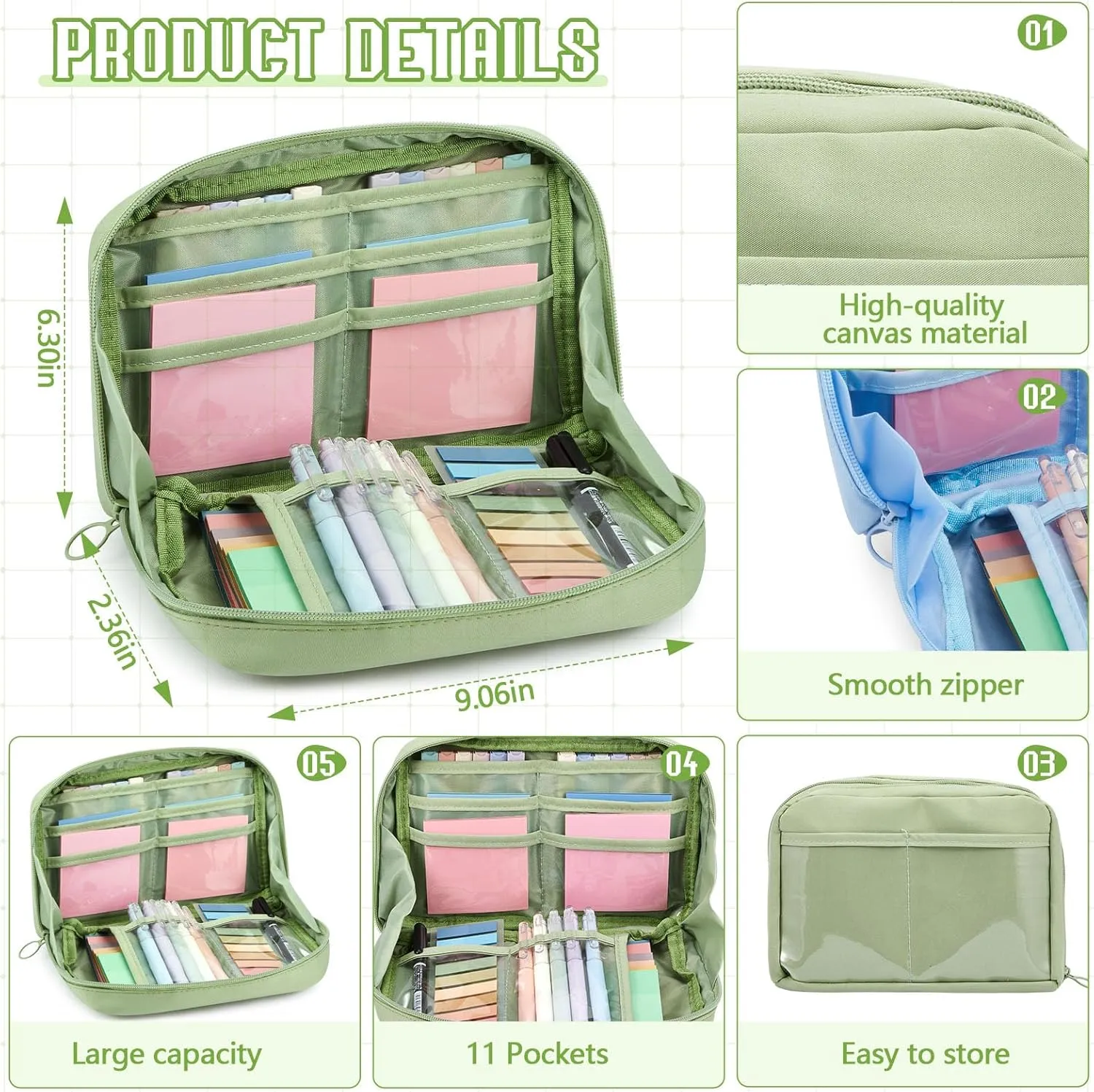 Jutom 39 Pcs Aesthetic Book Annotation Kit Pencil Case Bag with Highlighter Gel Pen 700 Sheets Transparent Sticky Notes Pads Index Tab Bible Study Supplies for School(Green,Kawaii Style)