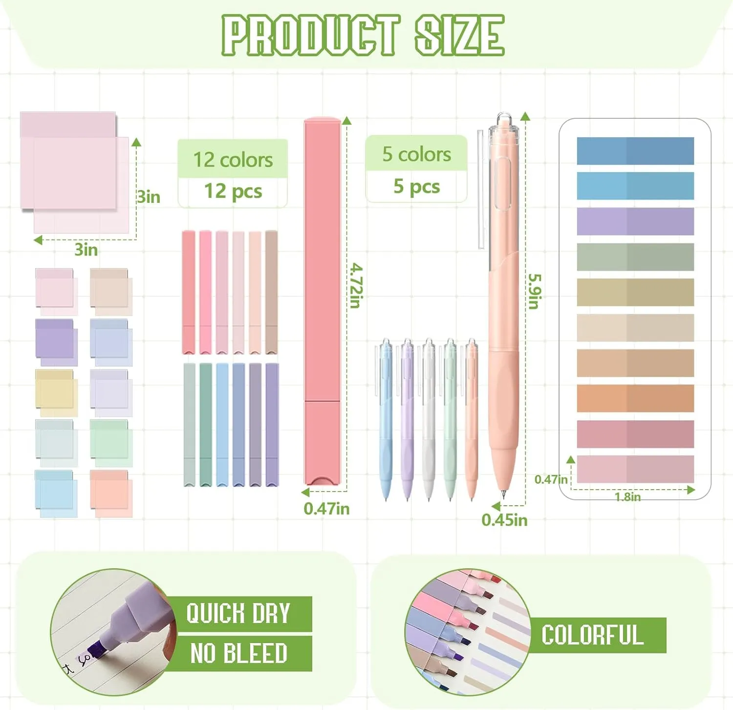 Jutom 39 Pcs Aesthetic Book Annotation Kit Pencil Case Bag with Highlighter Gel Pen 700 Sheets Transparent Sticky Notes Pads Index Tab Bible Study Supplies for School(Green,Kawaii Style)