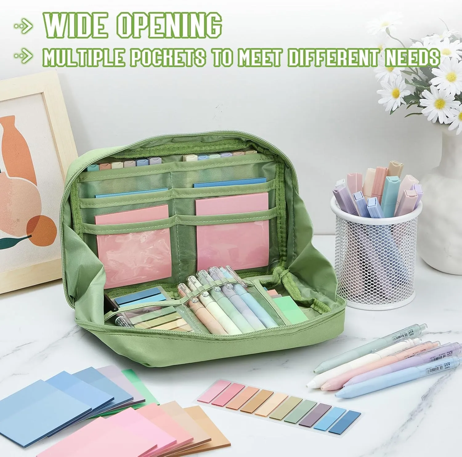 Jutom 39 Pcs Aesthetic Book Annotation Kit Pencil Case Bag with Highlighter Gel Pen 700 Sheets Transparent Sticky Notes Pads Index Tab Bible Study Supplies for School(Green,Kawaii Style)
