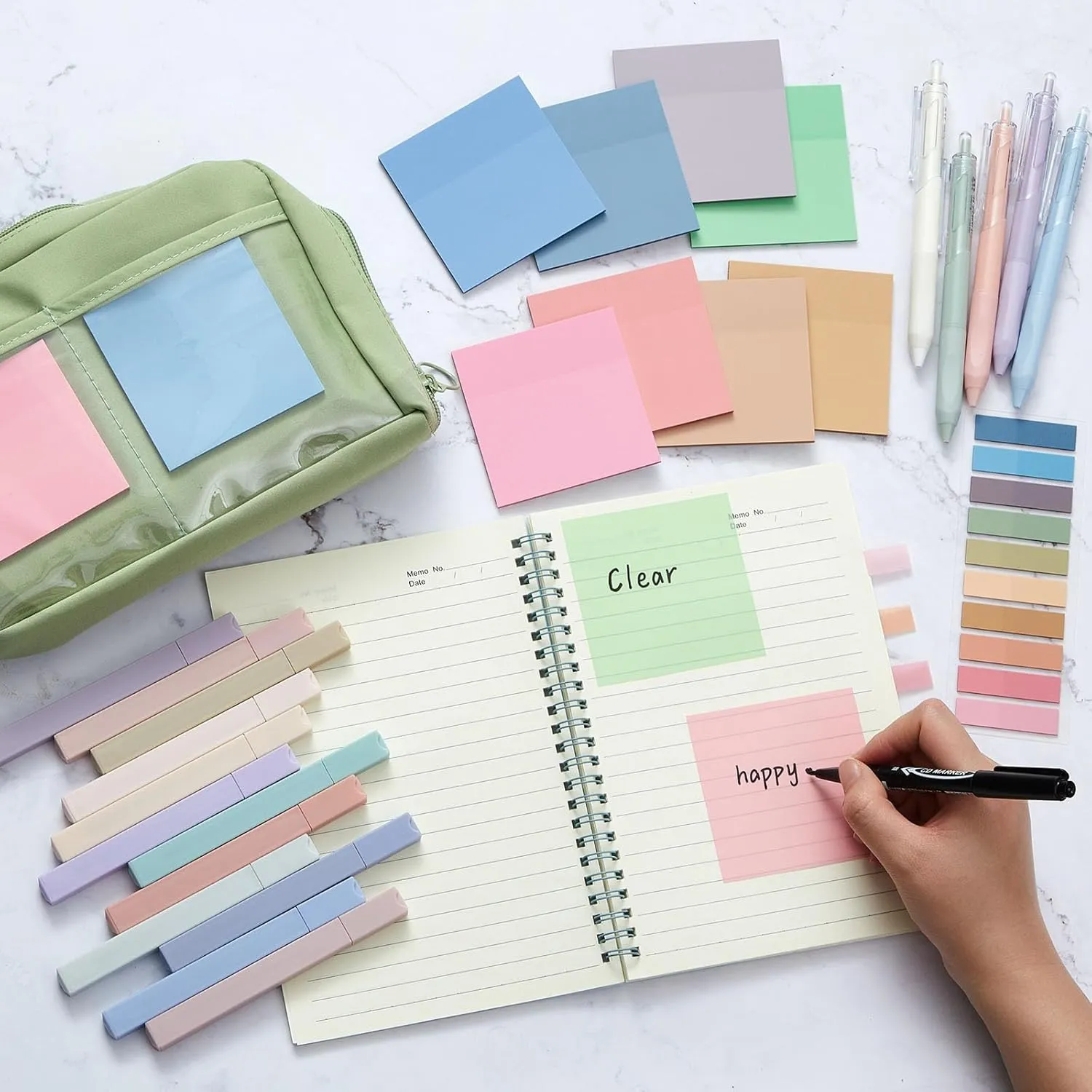 Jutom 39 Pcs Aesthetic Book Annotation Kit Pencil Case Bag with Highlighter Gel Pen 700 Sheets Transparent Sticky Notes Pads Index Tab Bible Study Supplies for School(Green,Kawaii Style)