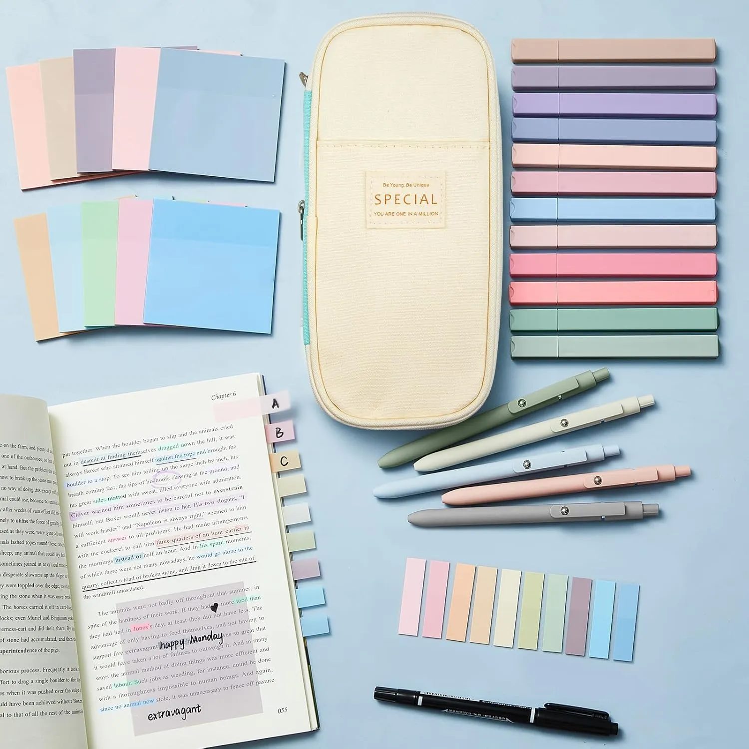 Jutom 39 Pcs Aesthetic Book Annotation Kit Pencil Case Bag with Highlighter Gel Pen 700 Sheets Transparent Sticky Notes Pads Index Tab Bible Study Supplies for School(Mint Green,Cute Style)